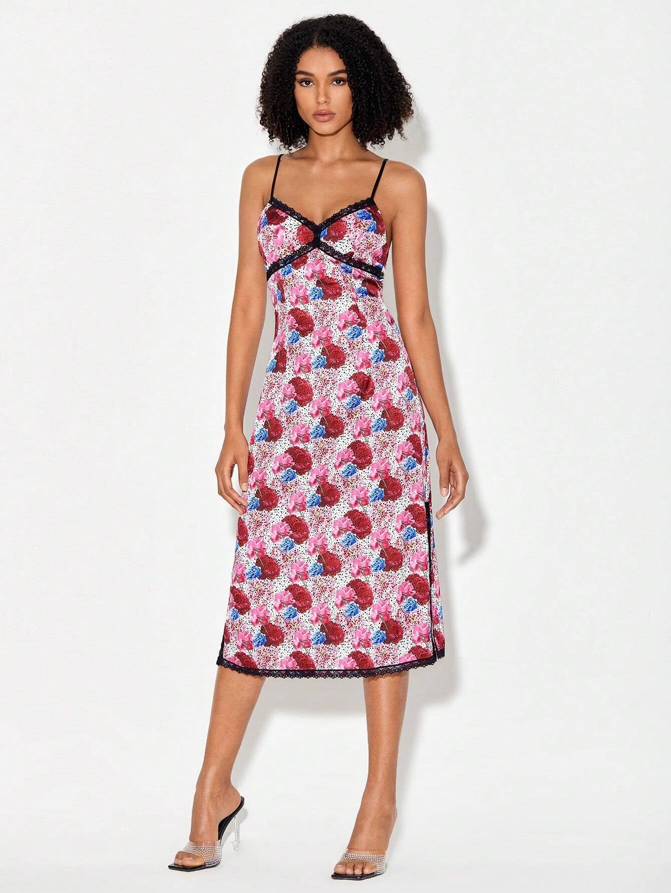 CM-DS071302 Women Casual Seoul Styel Allover Floral Print Contrast Lace Cami Dress