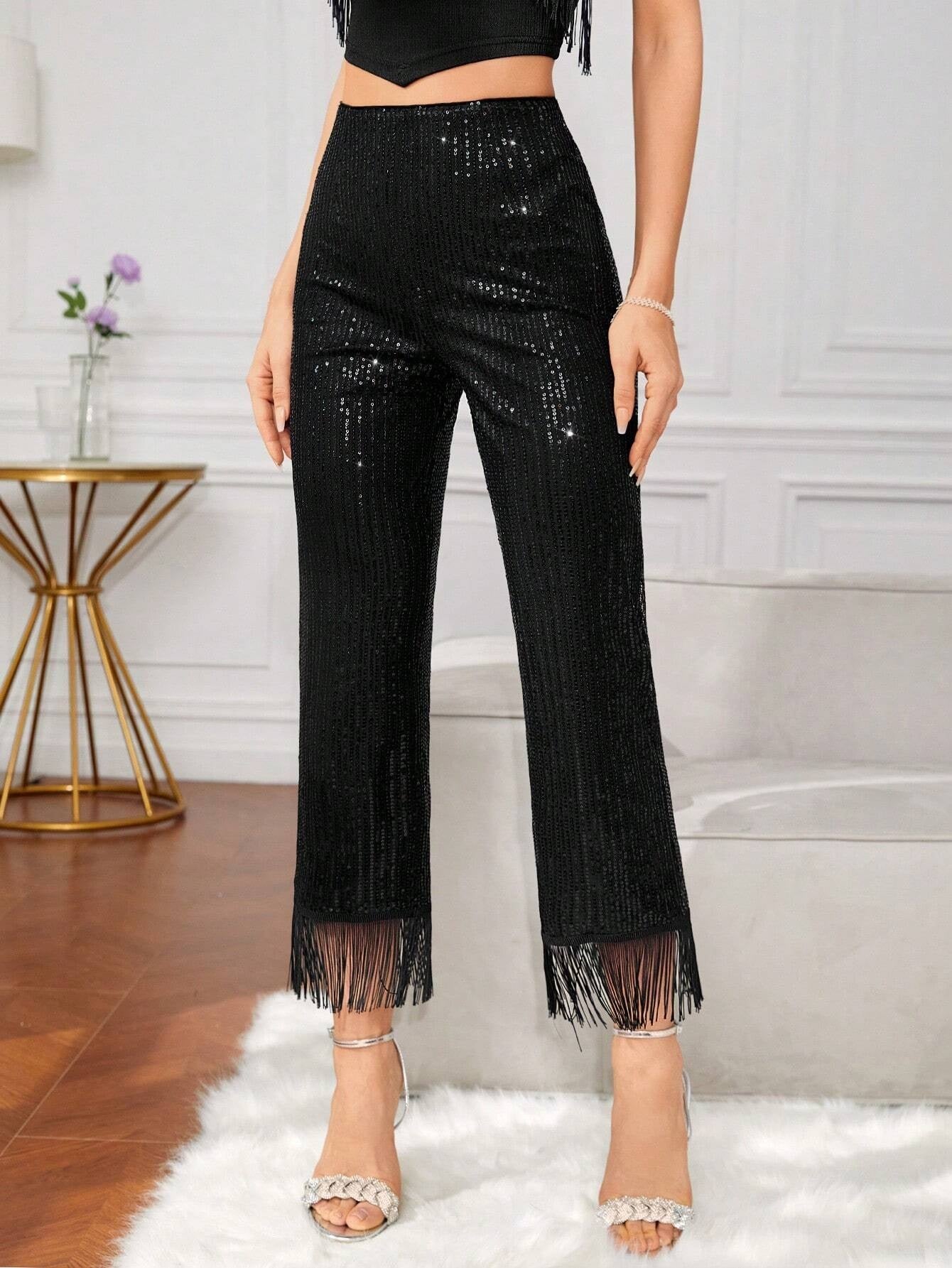 CM-BS441024 Women Elegant Seoul Style High Waist Fringe Hem Sequin Flare Leg Pants