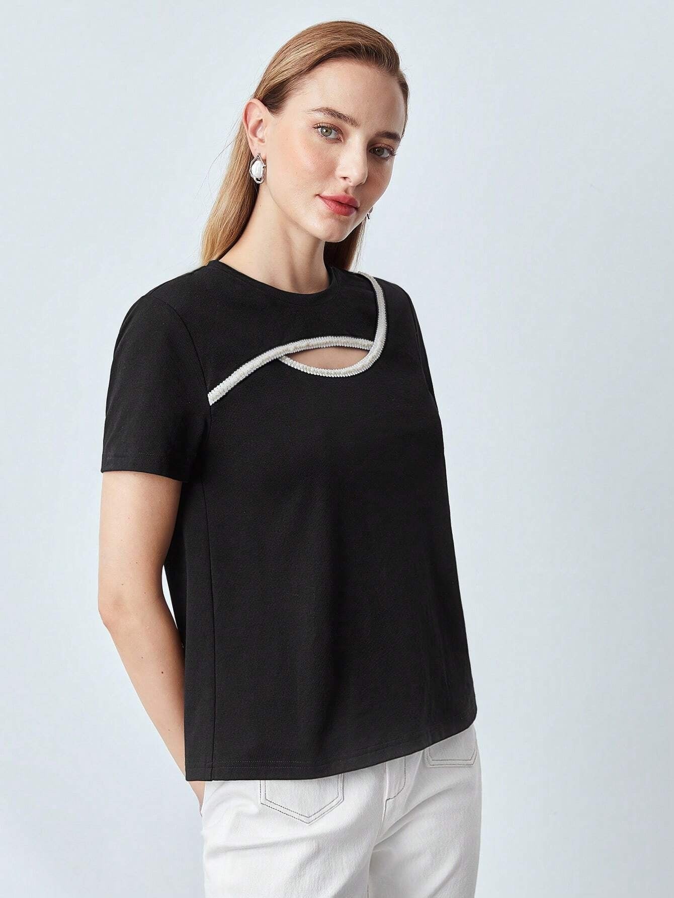 CM-TS118885 Women Casual Seoul Style Round Neck Pearl Cut-Out Top - Black