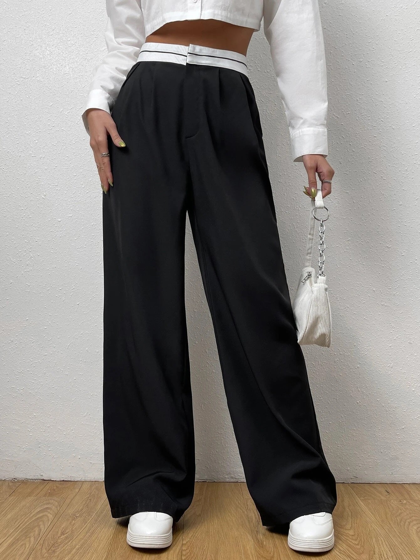 CM-BS783068 Women Casual Seoul Style Striped Waistband Wide Leg Pants - Black