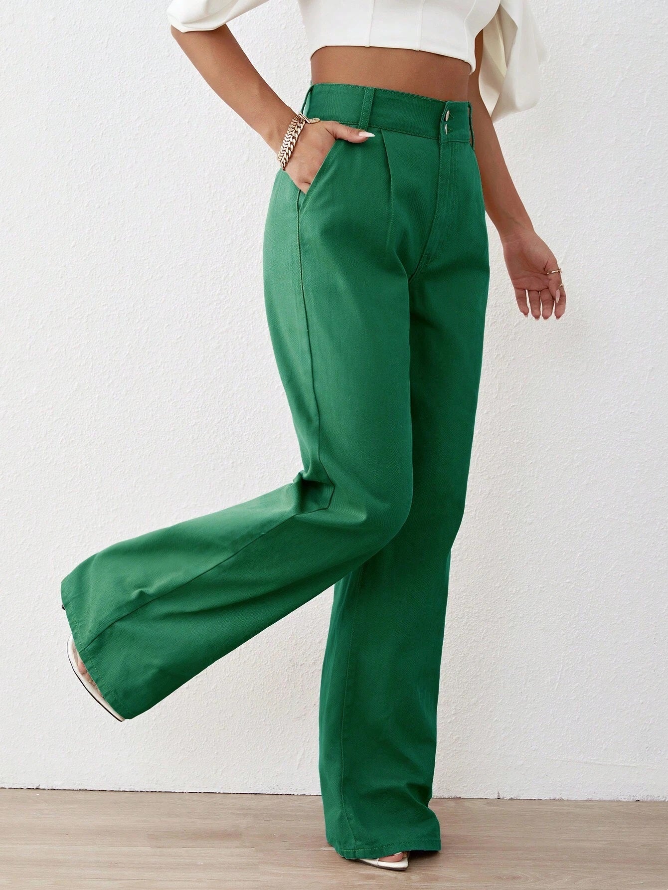 CM-BS777770 Women Preppy Seoul Style Solid High Waist Wide Leg Jeans - Dark Green