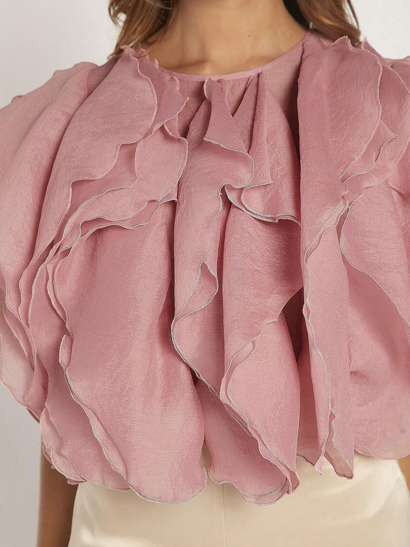 CM-TS510301 Women Elegant Seoul Style Round Neck Ruffle Trim Solid Top - Dusty Pink
