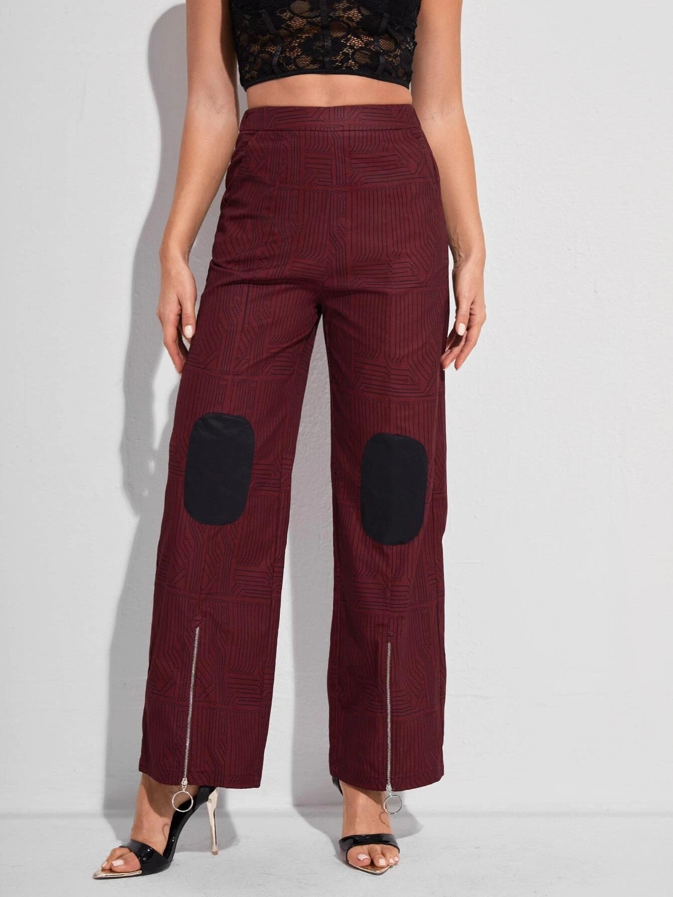 CM-BS957193 Women Elegant Seoul Style High Waist Zip Hem Pants - Burgundy