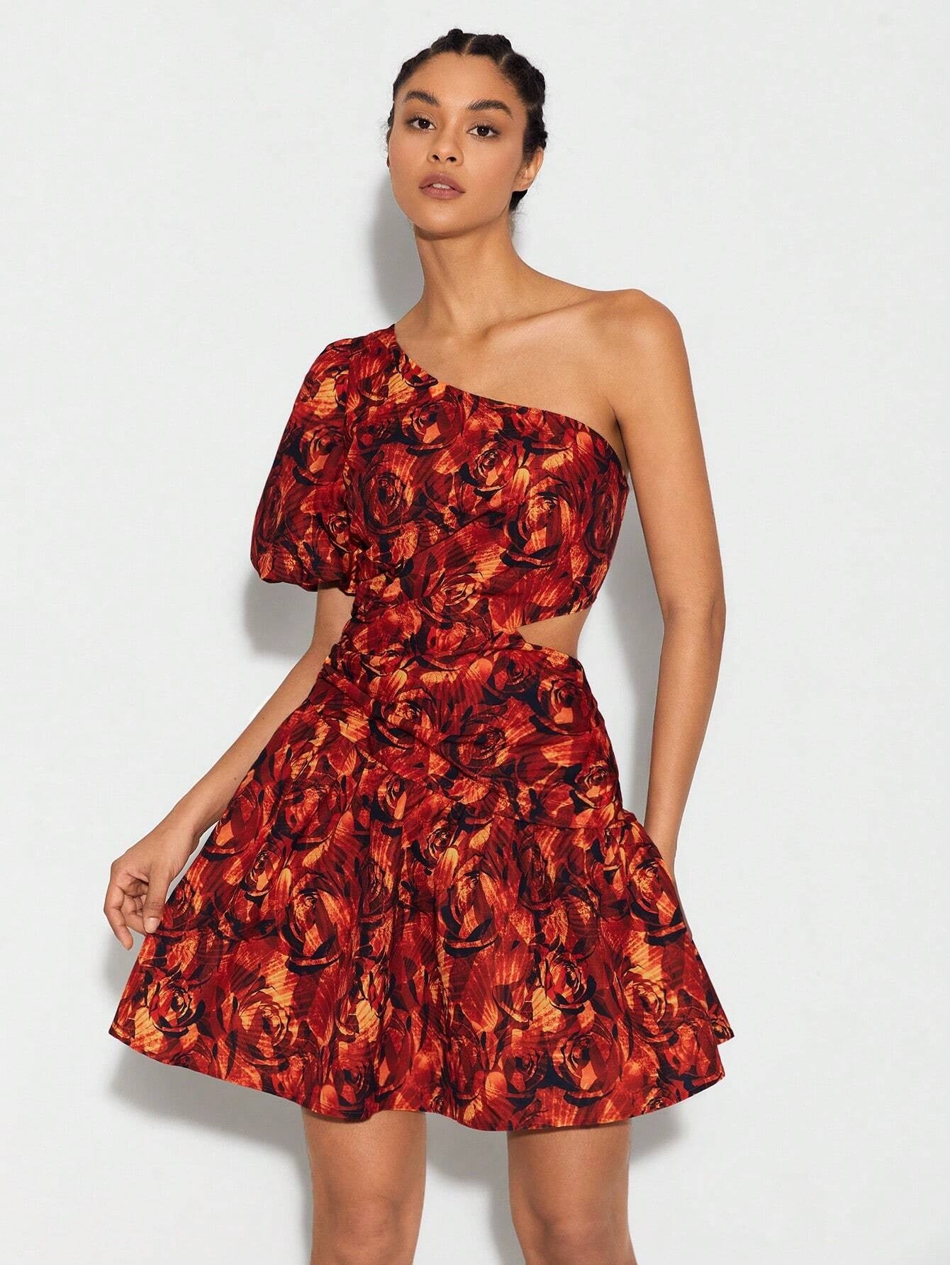 CM-DS067840 Women Seoul Style Floral Print One Shoulder Butterfly Sleeve Ruffle Hem Dress