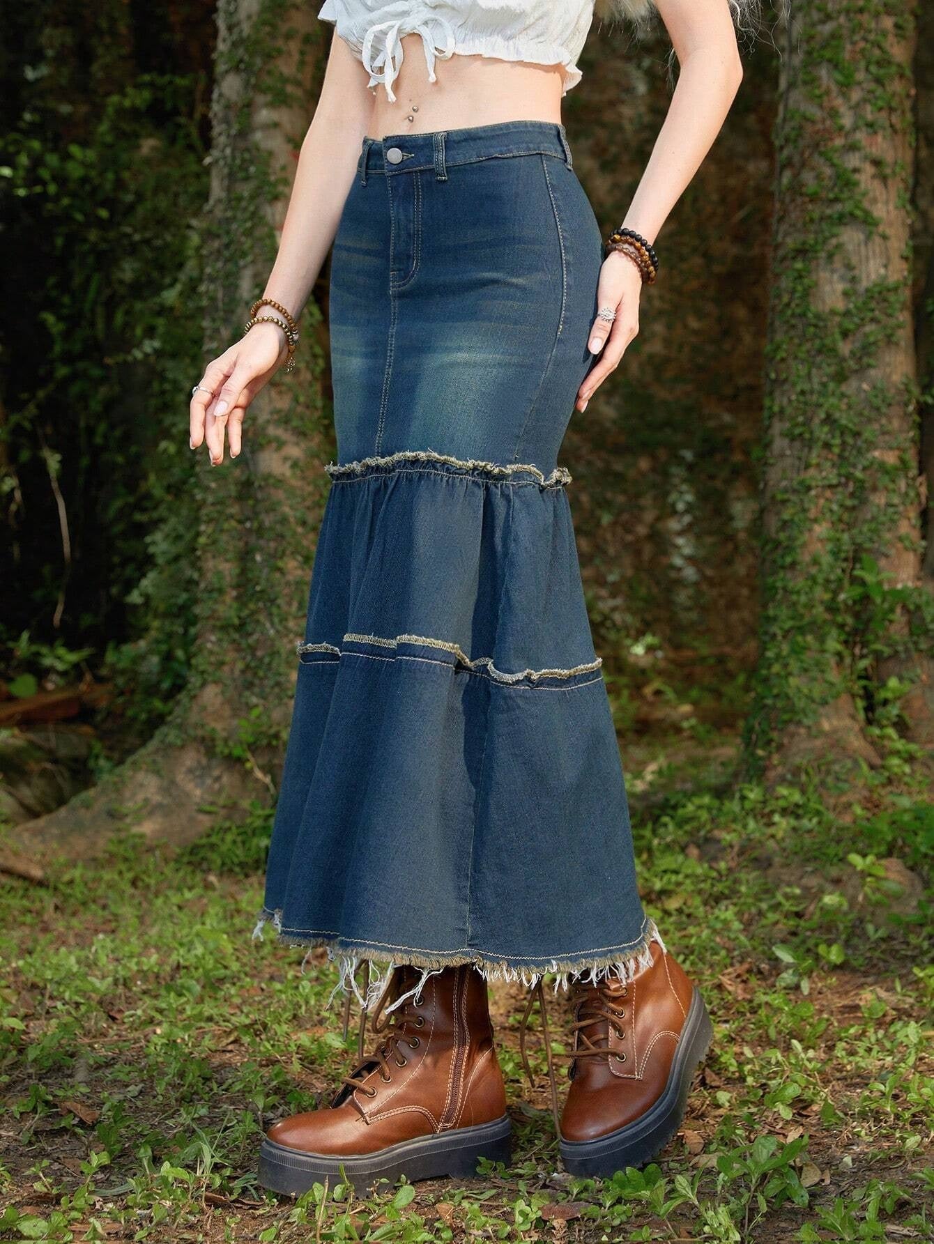CM-BS159792 Women Casual Seoul Style Dark Wash Raw Hem Denim Skirt