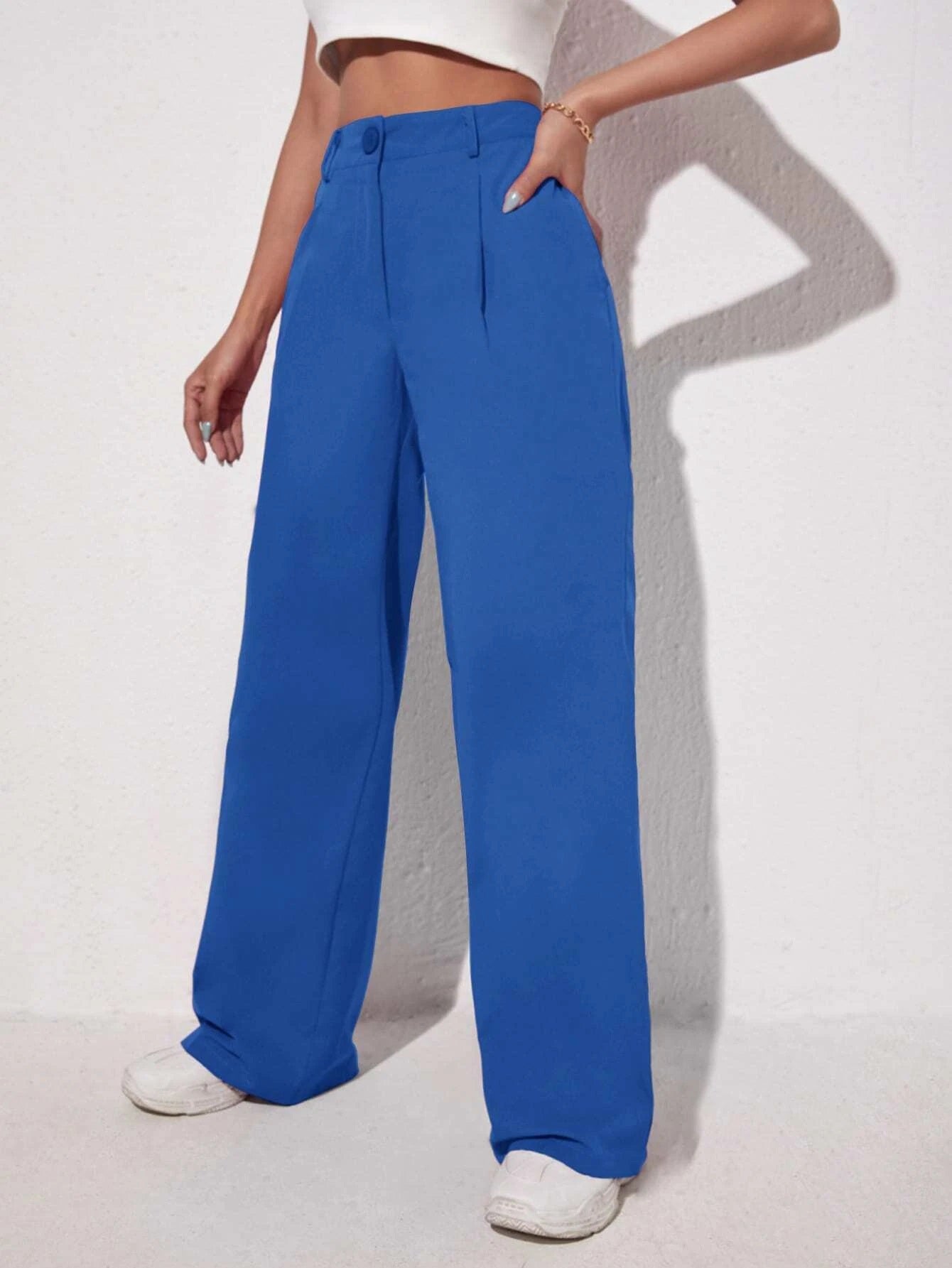 CM-BS130101 Women Elegant Seoul Style Solid Slant Pocket Wide Leg Pants - Blue