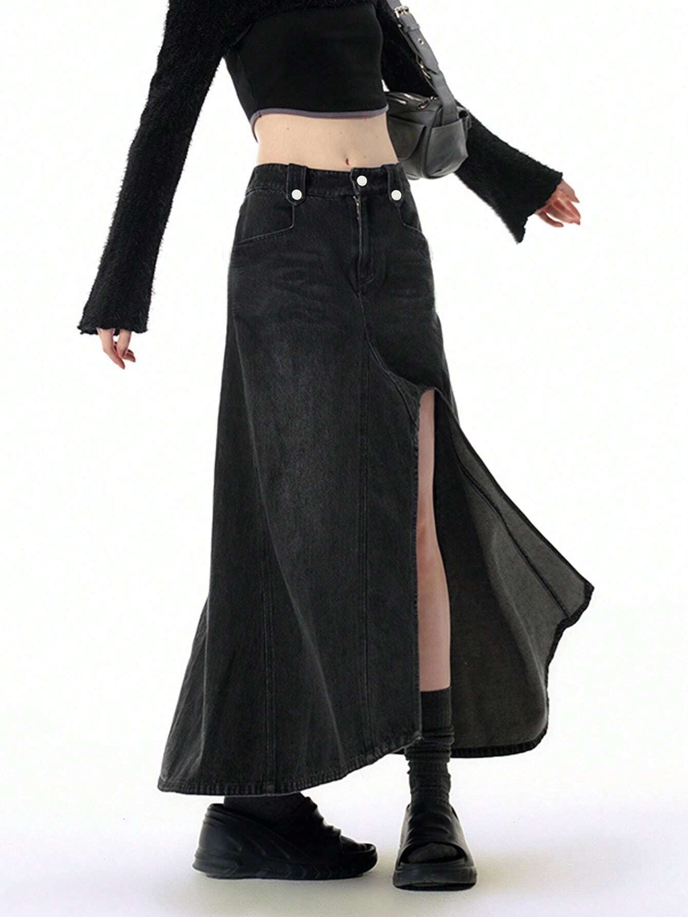 CM-BS287977 Women Casual Seoul Style Solid Split Thigh Denim Skirt - Black