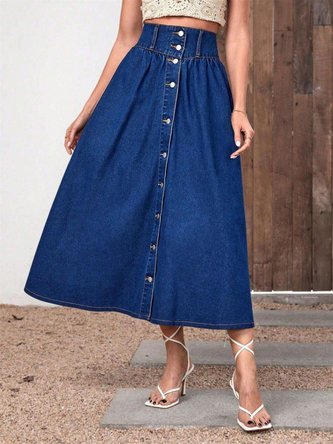 CM-BS756860 Women Casual Seoul Style Dark Wash High Waist Button Front Denim Skirt