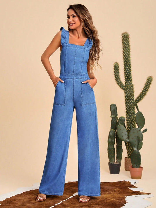 CM-JS286070 Women Preppy Seoul Style Medium Wash Ruffle Trim Wide Leg Denim Jumpsuit