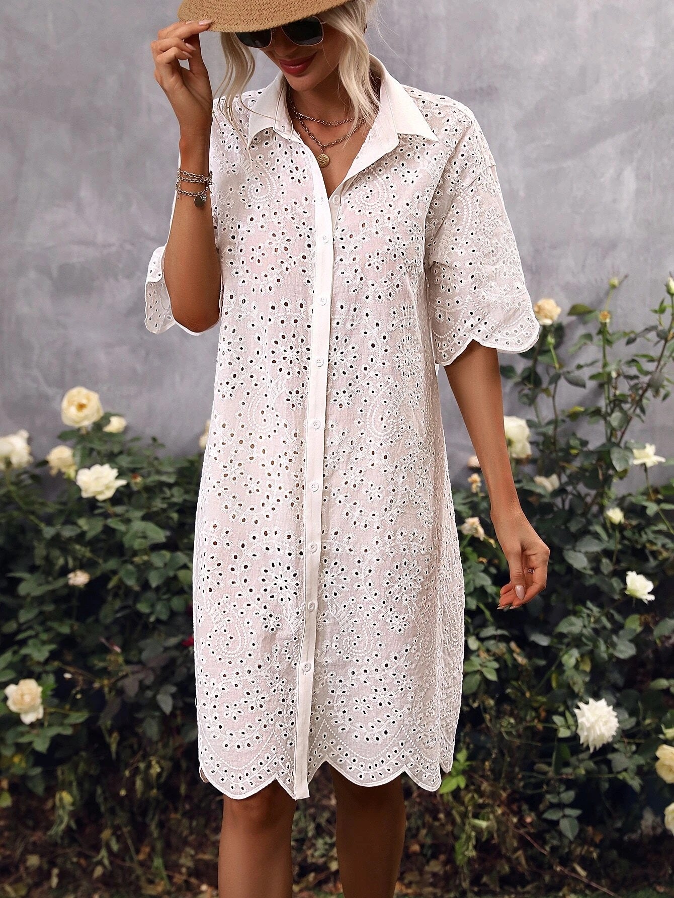 CM-DS598668 Women Trendy Bohemian Style Eyelet Embroidery Drop Shoulder Dress - White