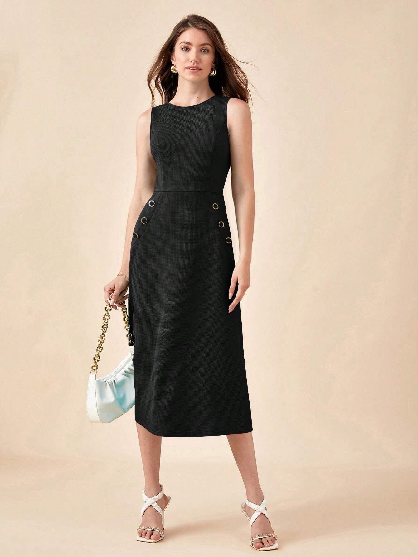 CM-DS648041 Women Elegant Seoul Style Sleeveless Solid Button Detail Dress - Black