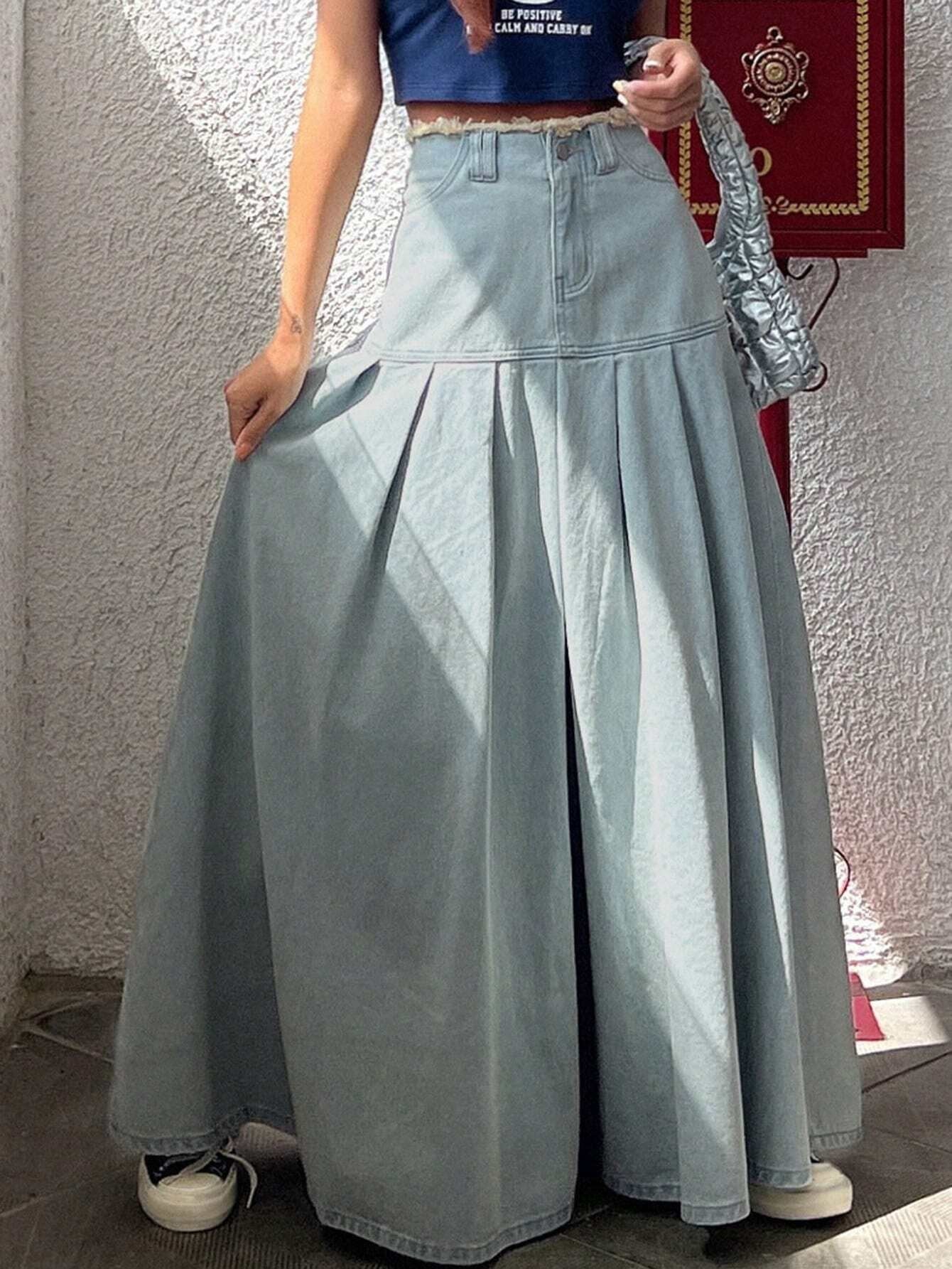CM-BS899163 Women Casual Seoul Style Solid Pleated Detail Denim Skirt - Blue