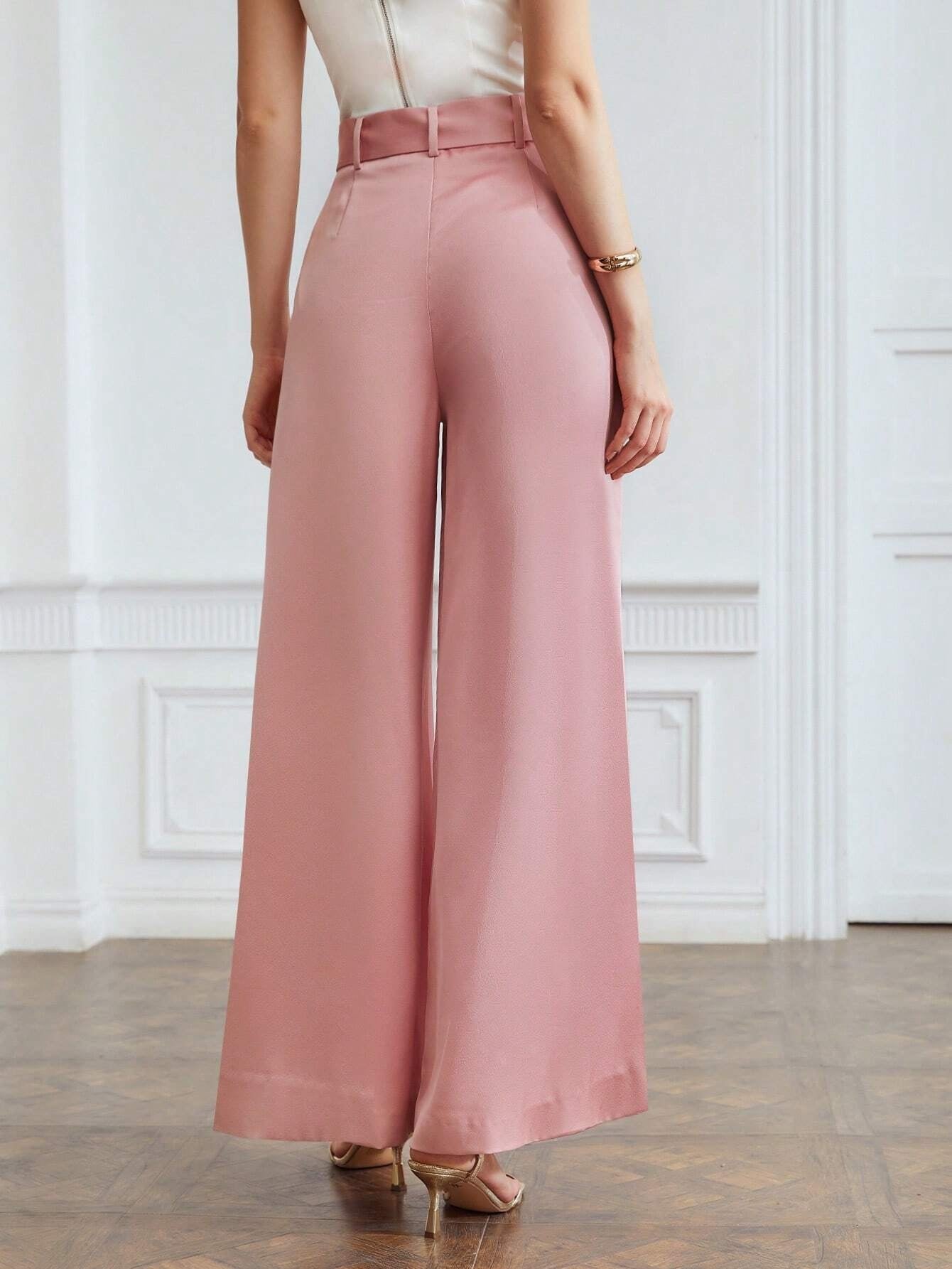 CM-BS663354 Women Elegant Seoul Style Loose Belted Wide Leg Pants - Dusty Pink