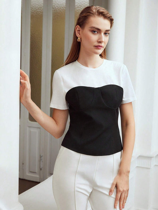 CM-TS320264 Women Casual Seoul Style Round Neck Short Sleeve Two Tone Spliced T-Shirt