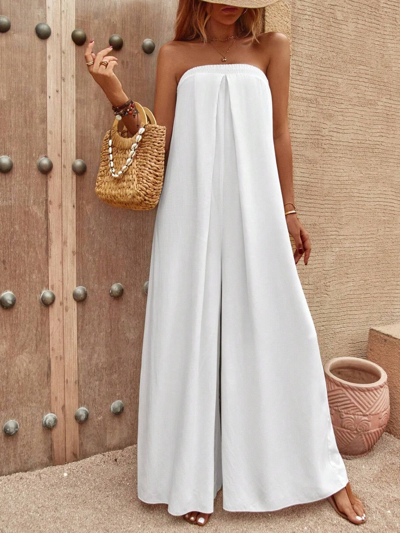 CM-JS483613 Women Trendy Bohemian Style Solid Tie Back Tube Wide Leg Jumpsuit - White