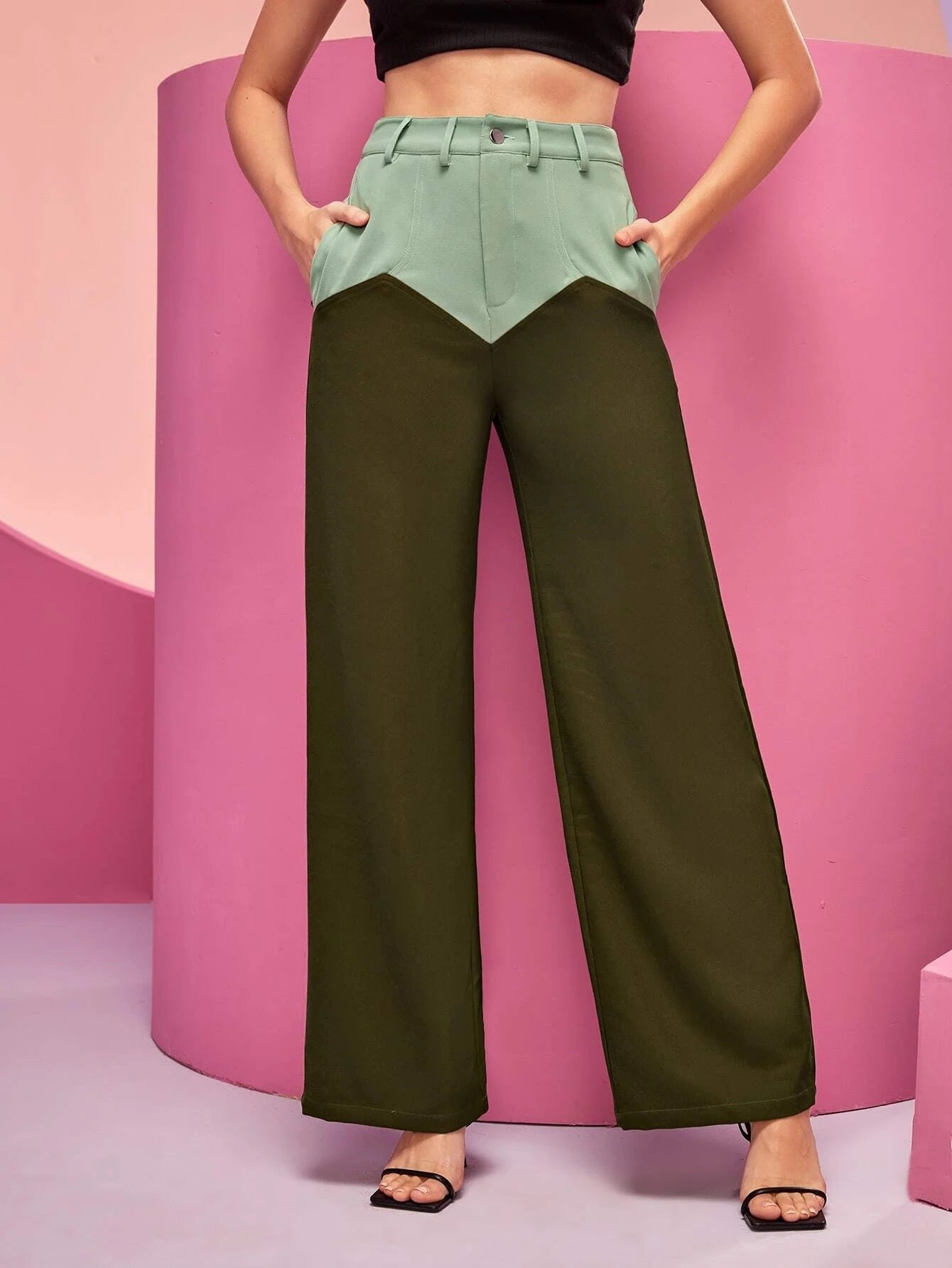 CM-BS044454 Women Elegant Seoul Style High Waist Color Block Wide Leg Pants - Army Green