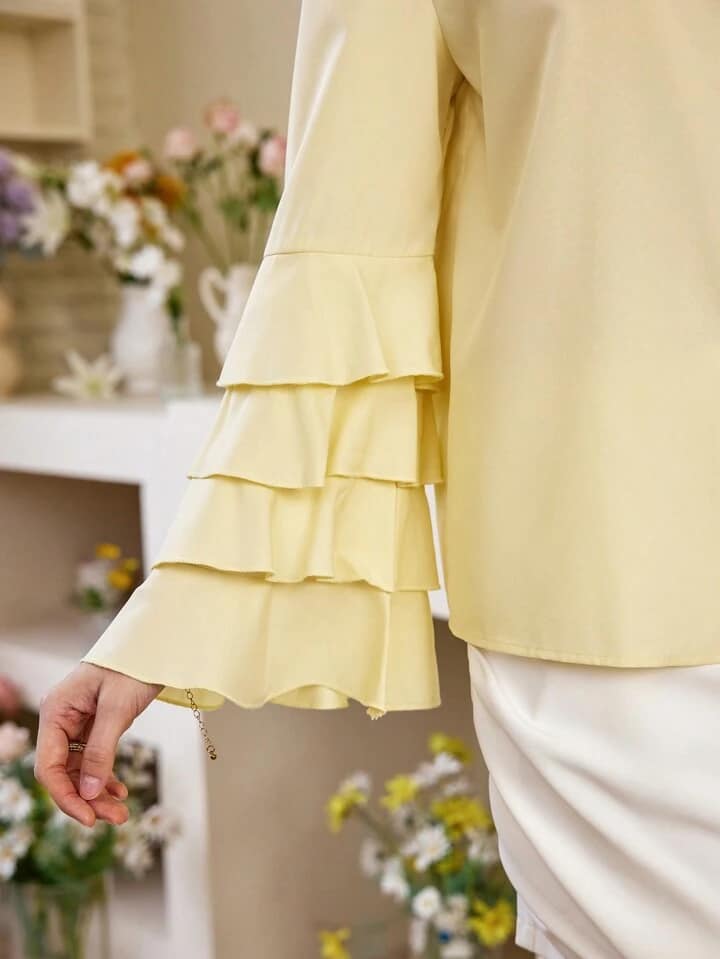 CM-TS177135 Women Elegant Seoul Style Off-Shoulder Bell Sleeve Layered Ruffle Hem Shirt - Yellow