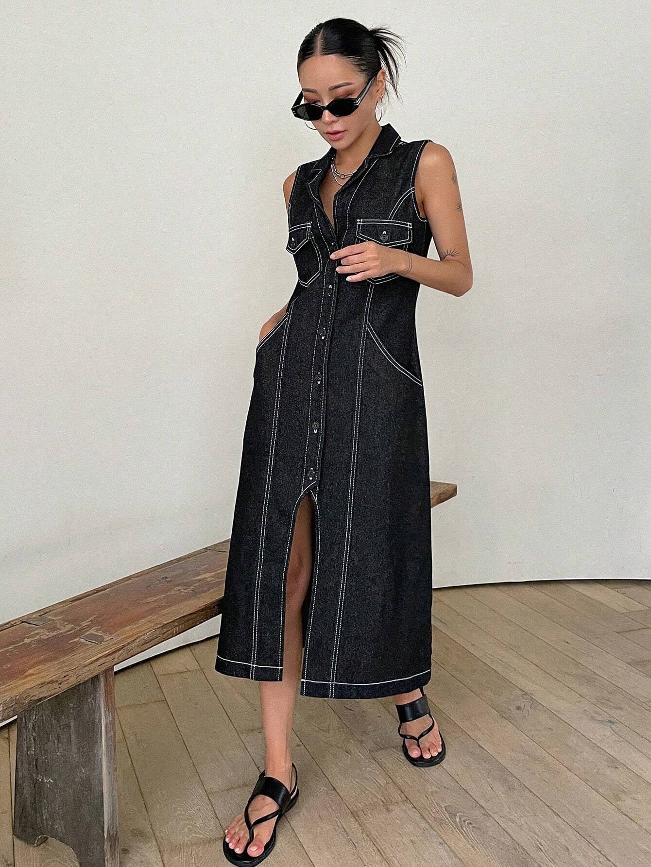 CM-DS252217 Women Preppy Seoul Style Top-Stitching Button Front Flap Pocket Denim Dress