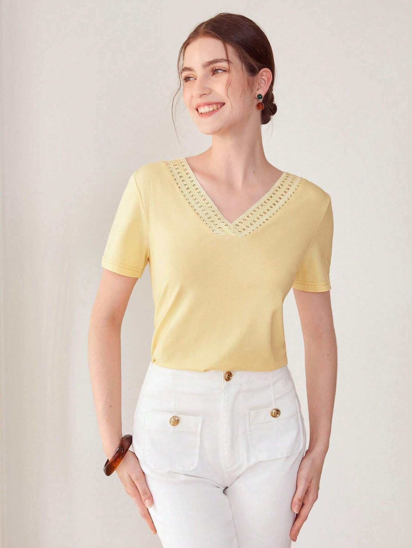 CM-TS685628 Women Casual Seoul Style Lace V-Neck Short Sleeve T-Shirt - Yellow