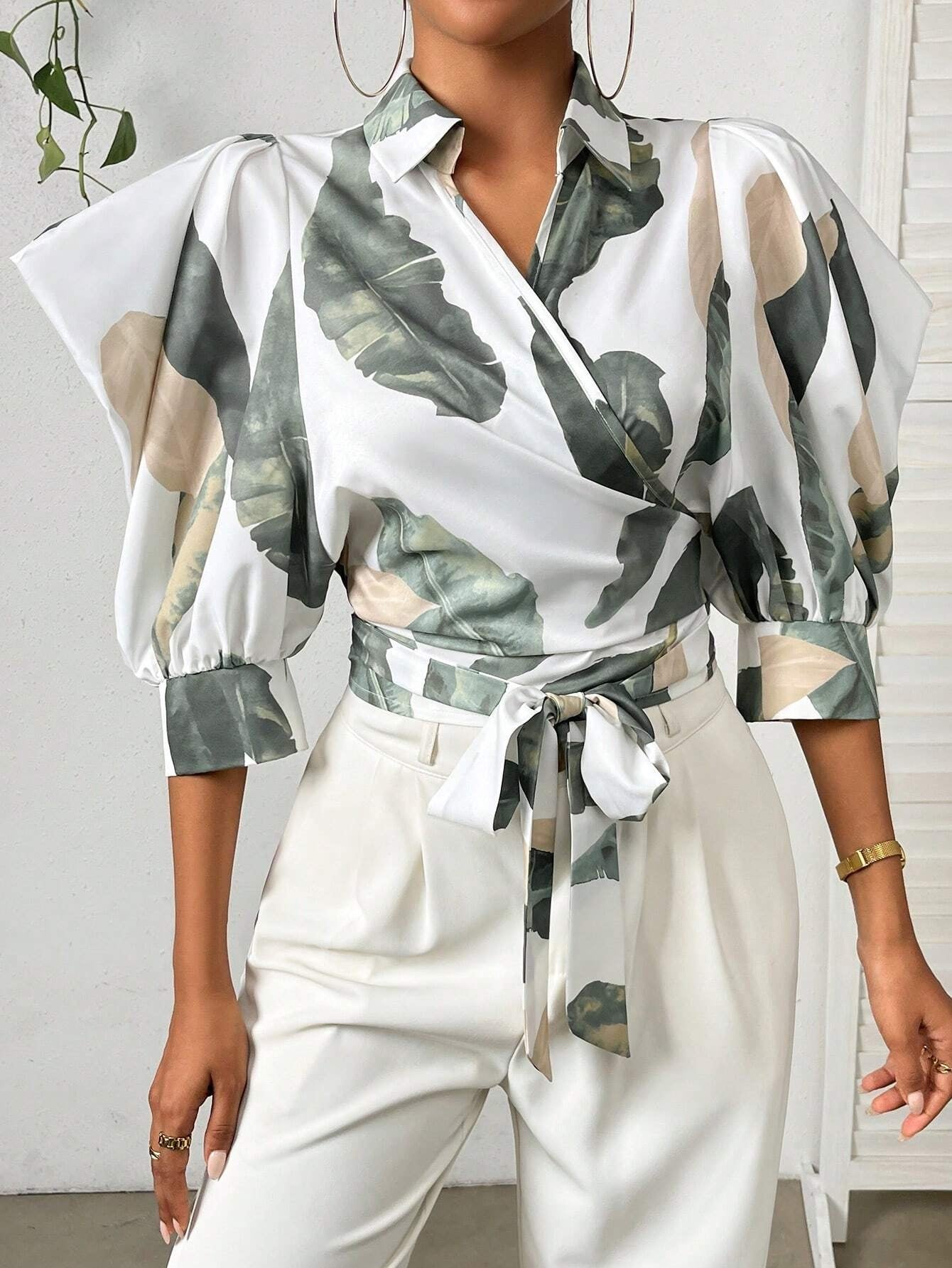 CM-TS885505 Women Casual Seoul Style Tropical Print Knot Side Wrap Detail Blouse - White
