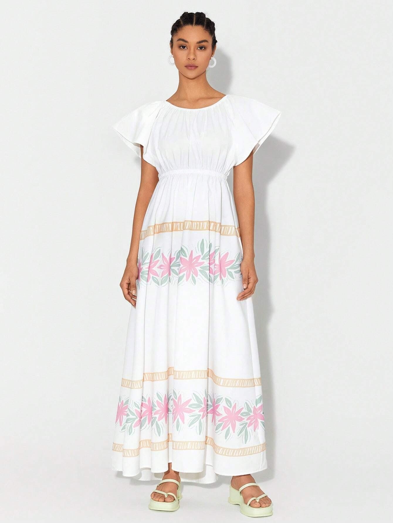CM-DS655046 Women Trendy Bohemian Style Round Neck Floral Print Ruffle Trim Dress