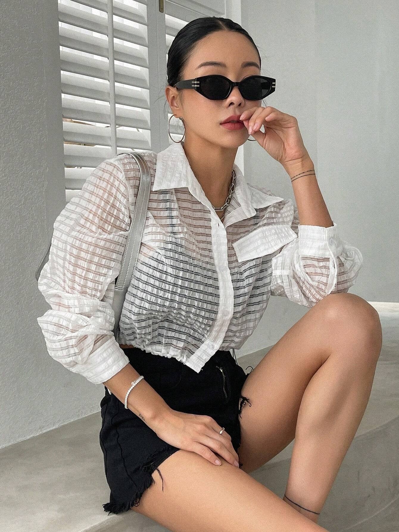 CM-TS107961 Women Casual Seoul Style Solid Button Front Crop Shirt - White