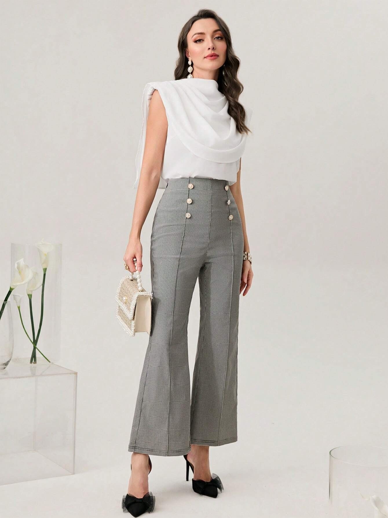 CM-TS051323 Women Causal Seoul Style Sleeveless Solid Shoulder Pad Blouse - White