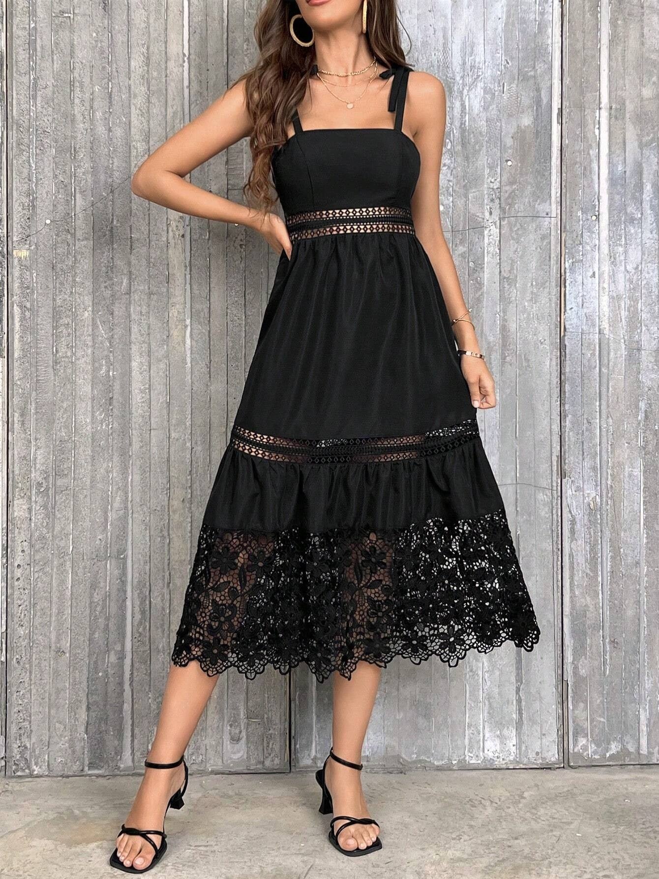 CM-DS276337 Women Trendy Bohemian Style Guipure Lace Insert Tie Shoulder Ruffle Hem Cami Dress