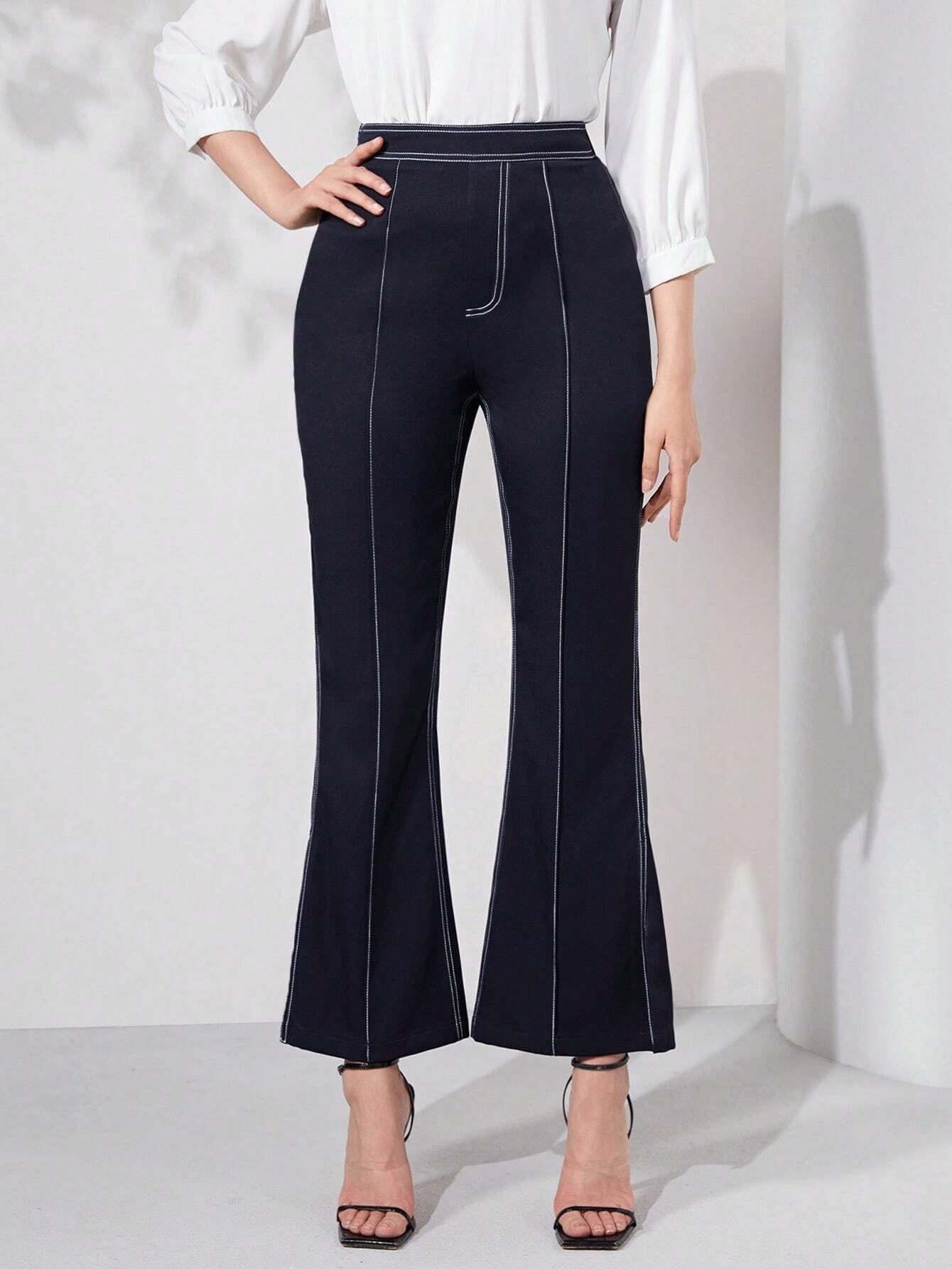 CM-BS990949 Women Elegant Seoul Style Contrast Stitch Flare Leg Pants - Navy Blue