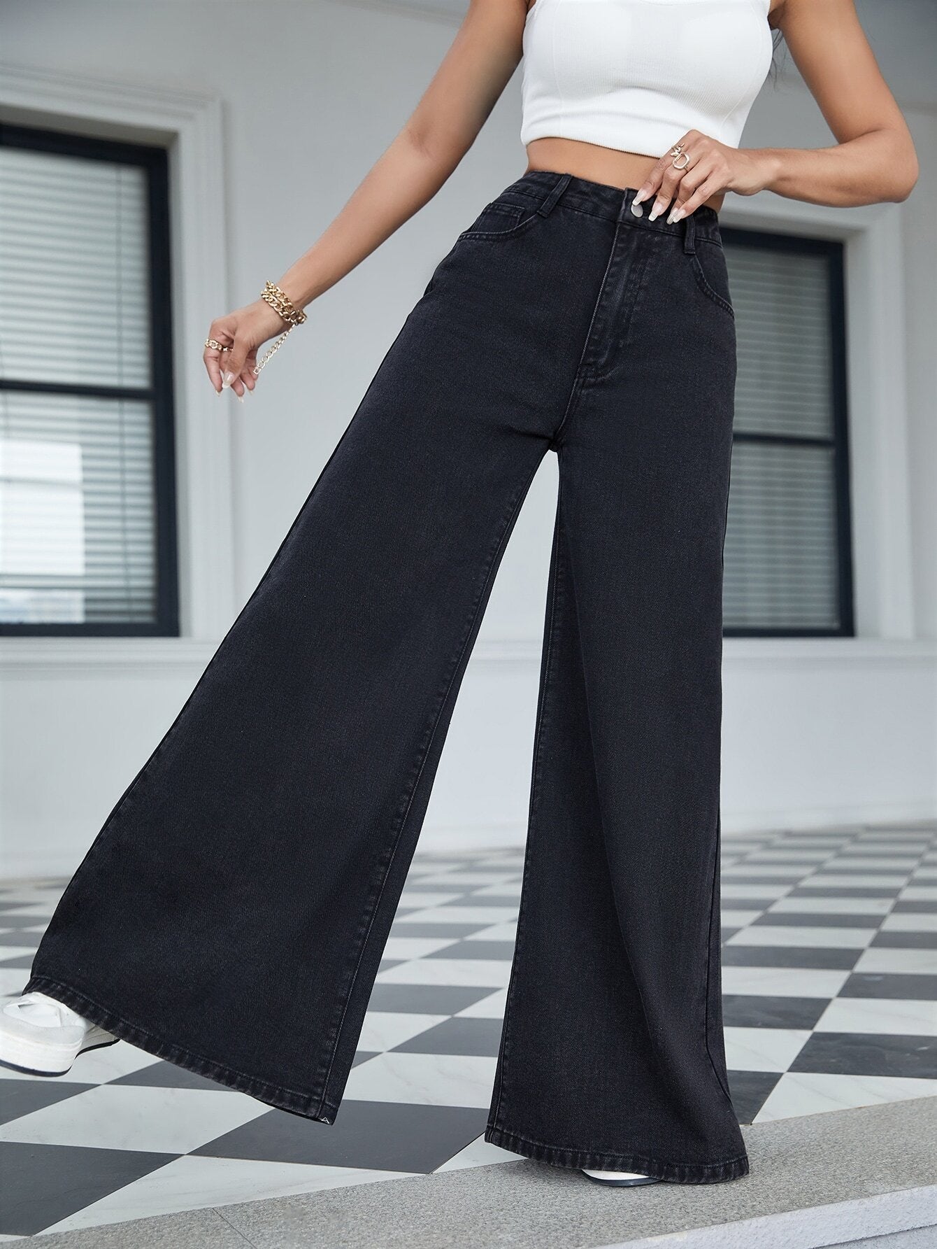 CM-BS434641 Women Casual Seoul Style High Waist Wide Leg Jeans - Black