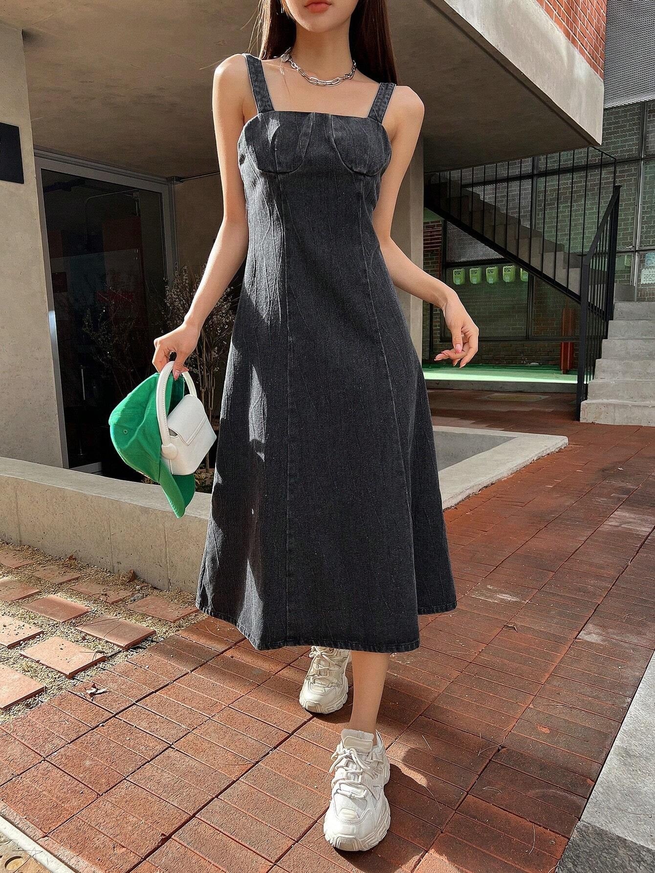 CM-DS195132 Women Casual Seoul Style Solid Zip Back Cami Denim Dress - Dark Gray