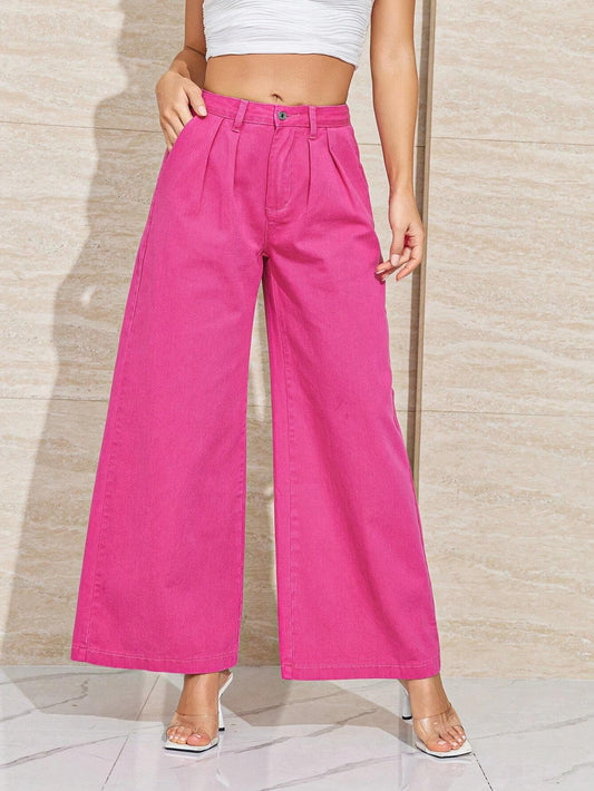 CM-BS640375 Women Casual Seoul Style High Waist Solid Wide Leg Jeans - Pink