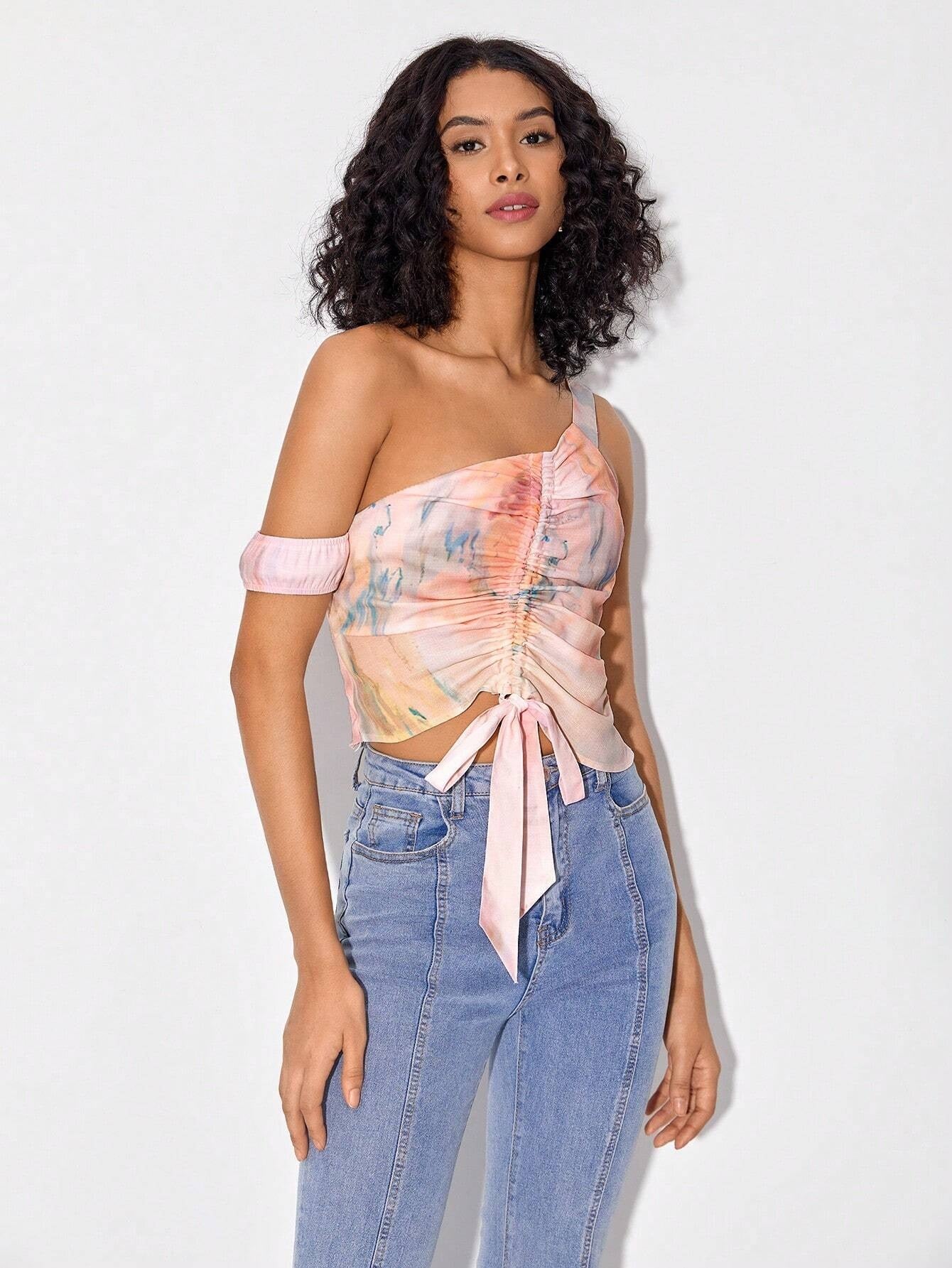 CM-TS157526 Women Casual Seoul Style Asymmetrical Neck Drawstring Ruched Front Crop Top