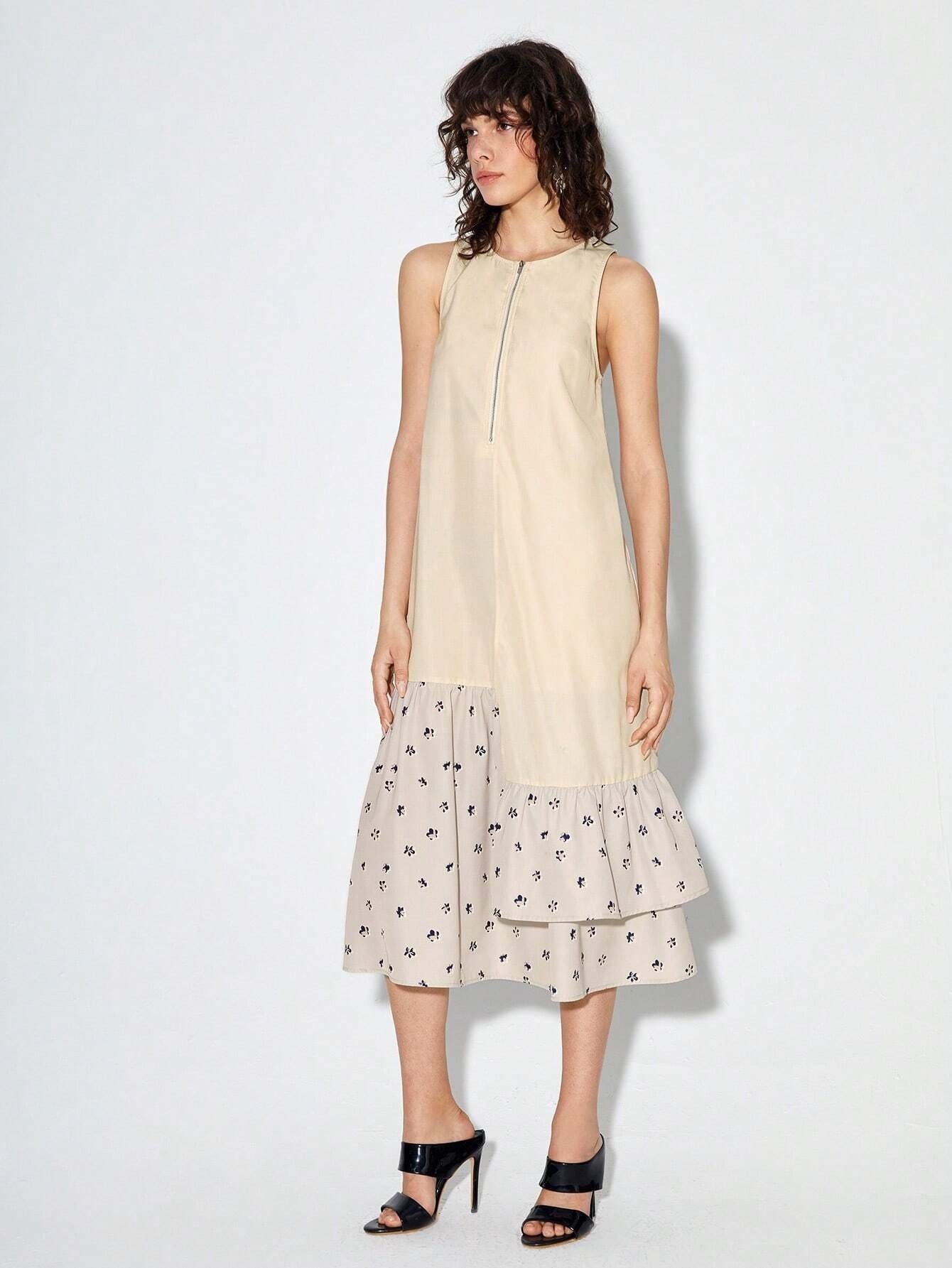 CM-DS908098 Casual Seoul Style Sleeveless Ditsy Floral Ruffle Hem Smock Dress - Apricot