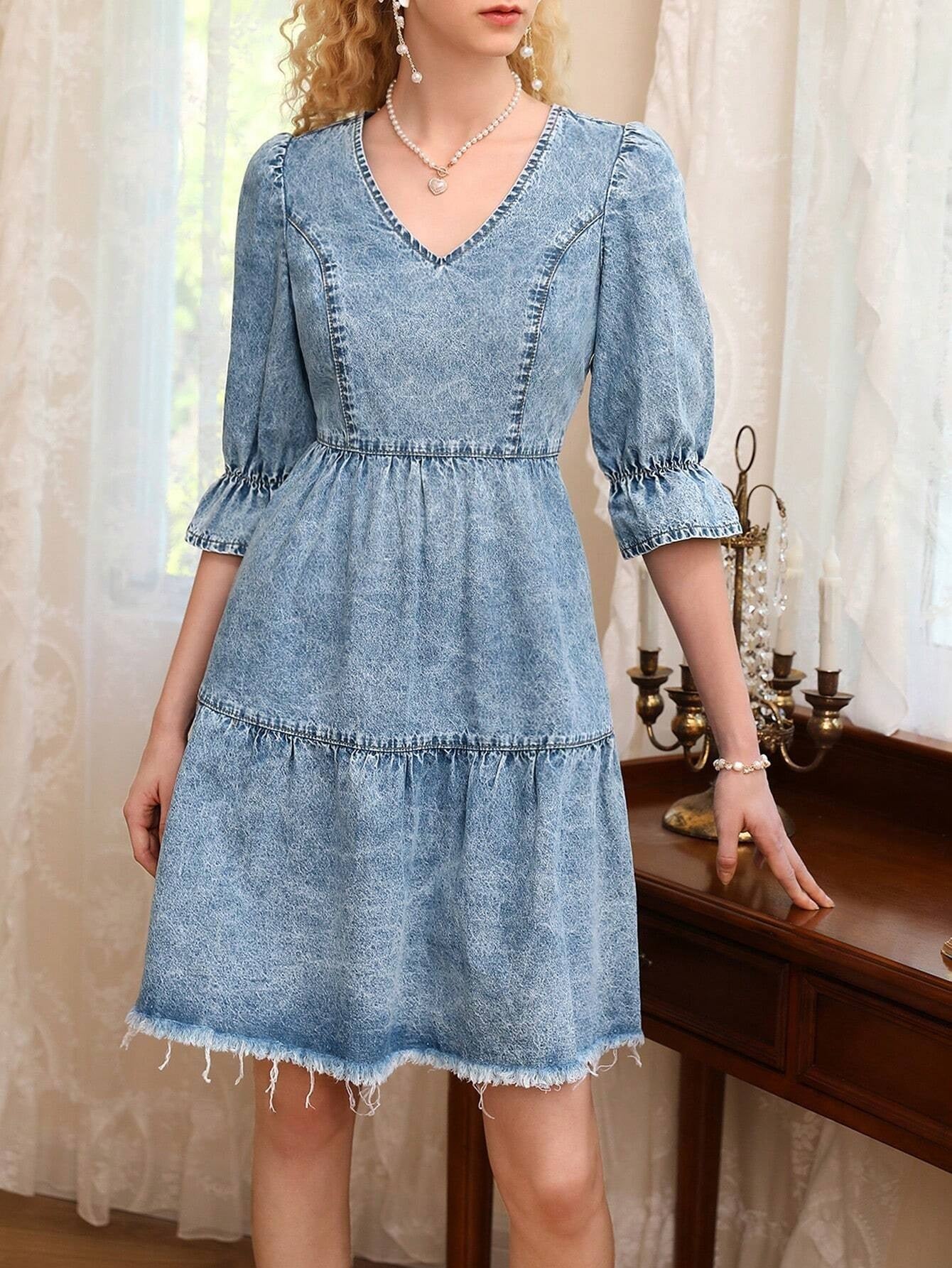 CM-DS670748 Women Preppy Seoul Style Medium Wash Flare Sleeve Raw Hem Denim Dress