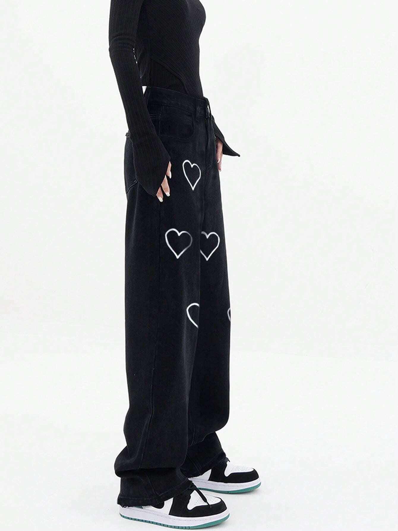 CM-BS499231 Women Casual Seoul Style High Waist Heart Print Wide Leg Jeans - Black