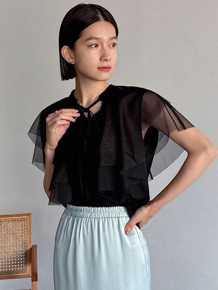 CM-TS736396 Women Casual Seoul Style Tie Neck Mesh Patchwork Short Sleeve Shirt - Black