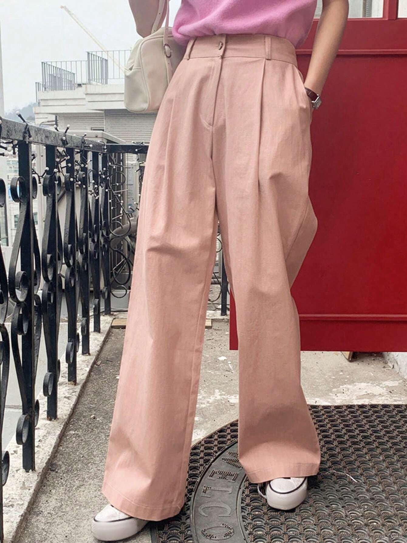 CM-BS190903 Women Casual Seoul Style Solid Slant Pocket Wide Leg Pants - Pink