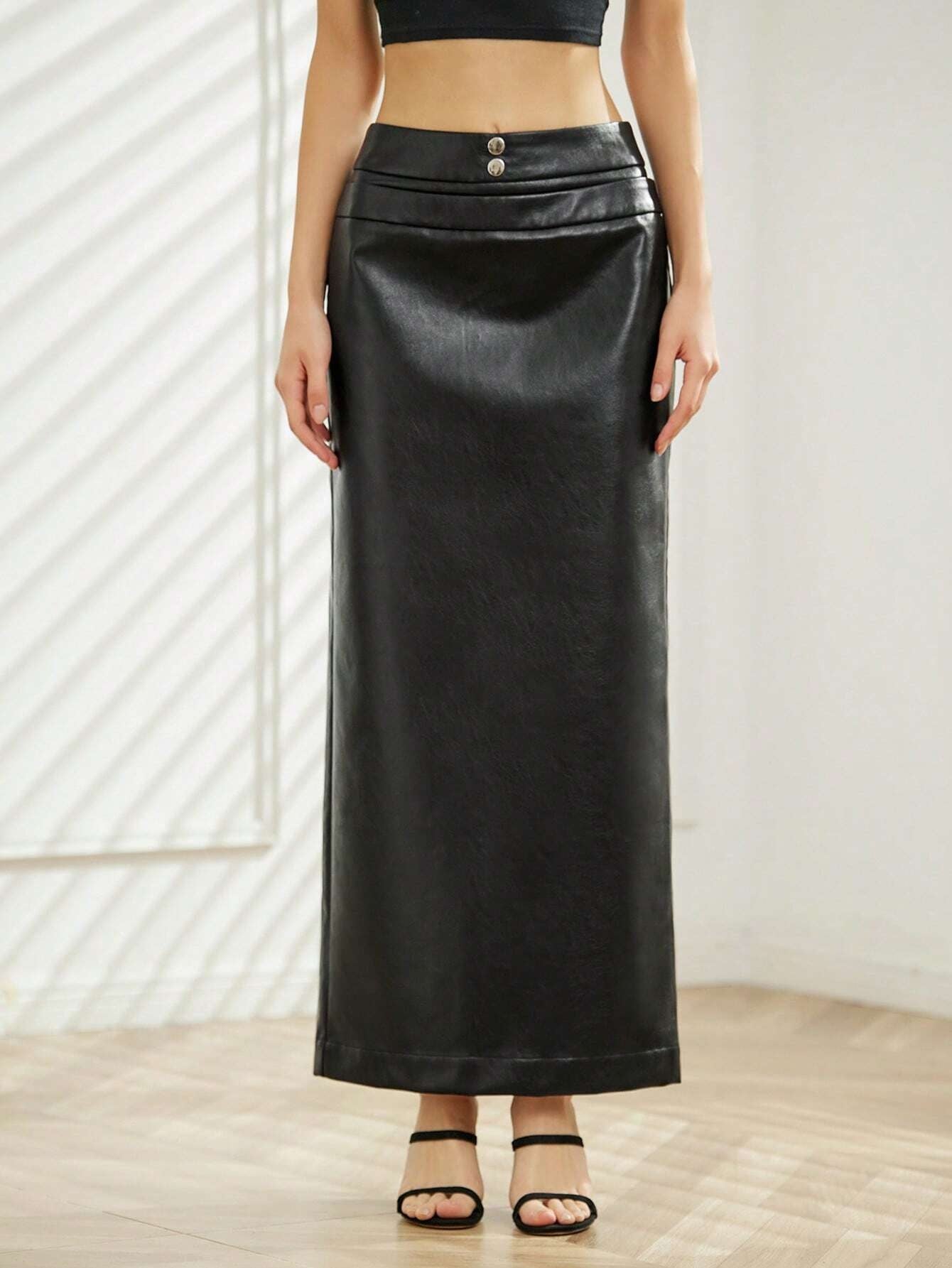 CM-BS351464 Women Casual Seoul Style PU Leather Straight Skirt - Black