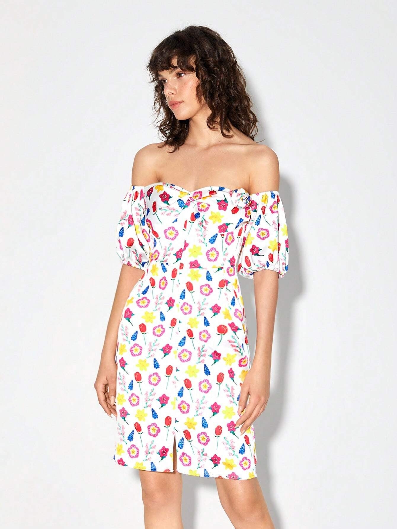 CM-DS881612 Women Casual Seoul Style Off Shoulder Allover Print Ruched Bust Dress