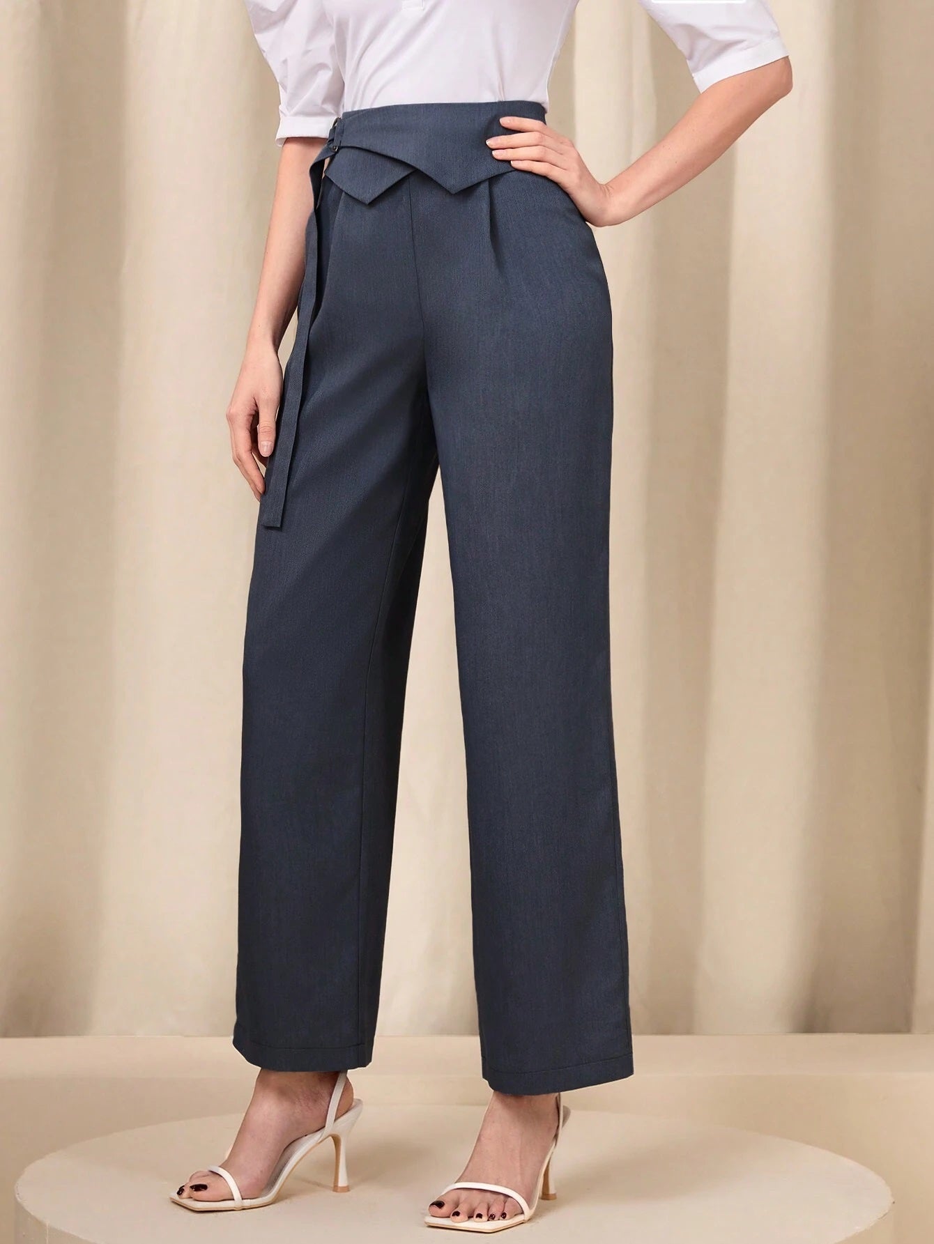 CM-BS884465 Women Casual Seoul Style Solid Flipped Waisted Straight Leg Pants - Dark Gray
