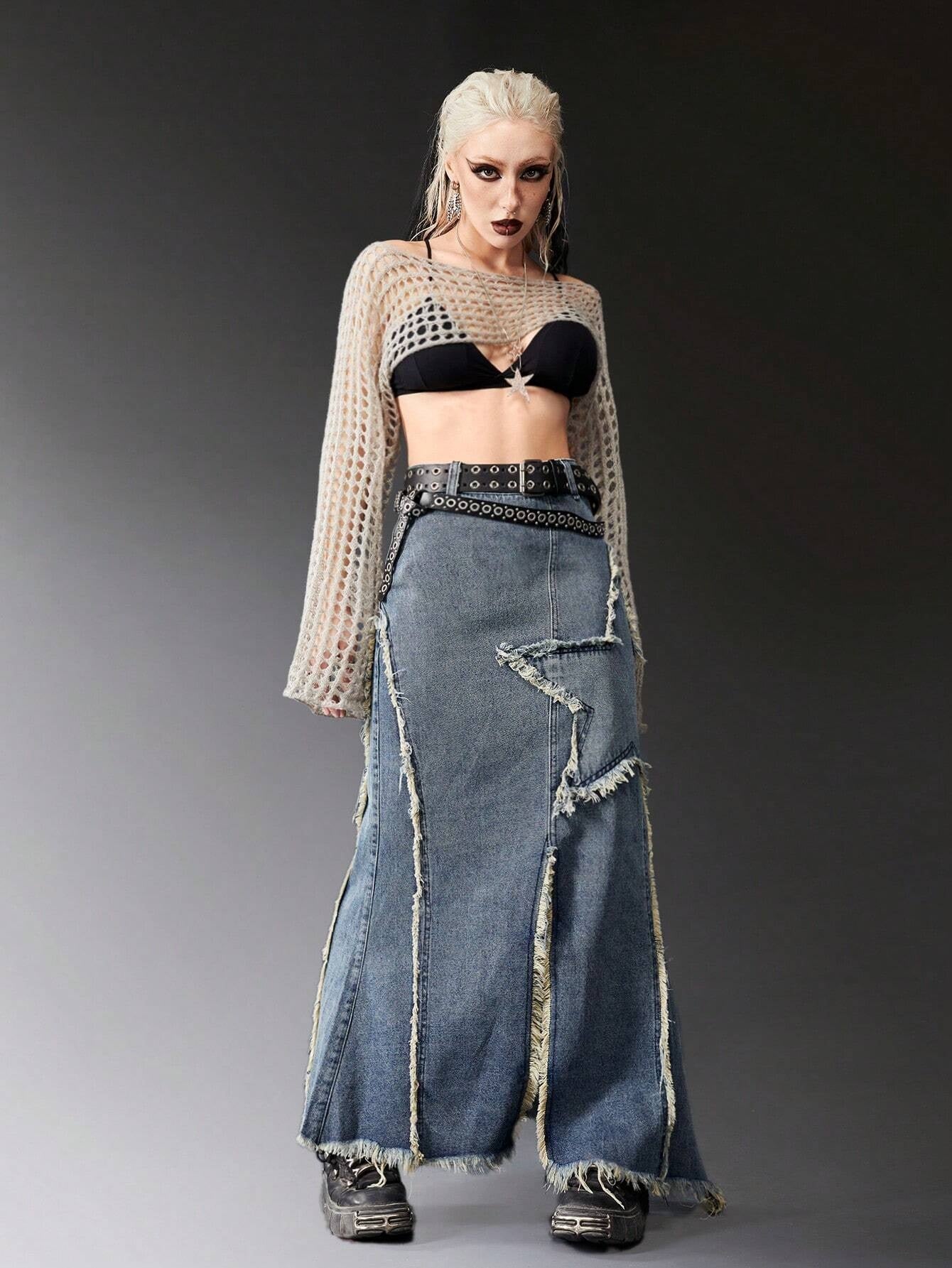 CM-BS491119 Women Preppy Seoul Style Punk Star Pattern Raw Trim Split Thigh Denim Skirt