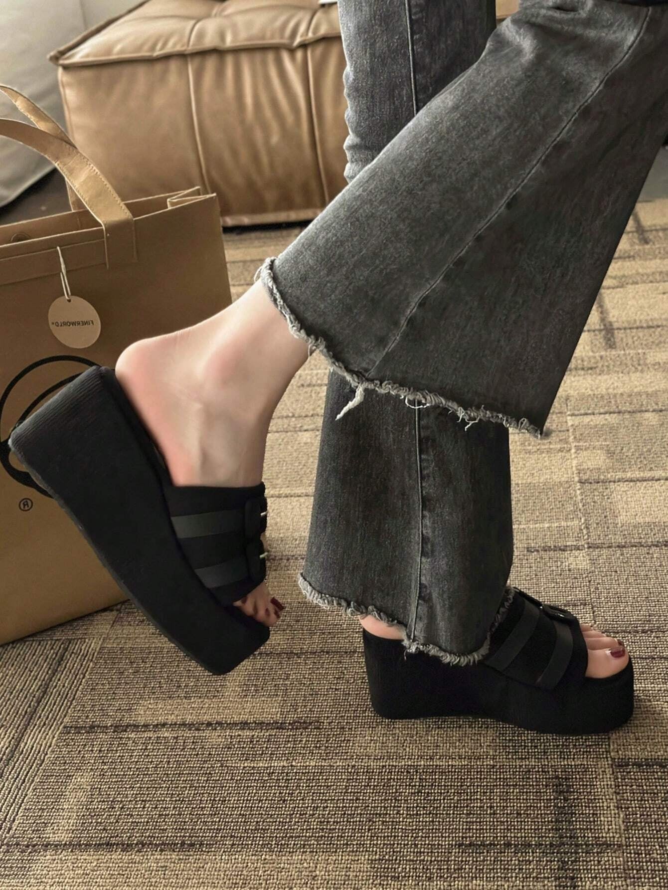 CM-SHS084308 Women Trendy Seoul Style Buckle Decor Faux Suede Wedge Slide Sandals - Black