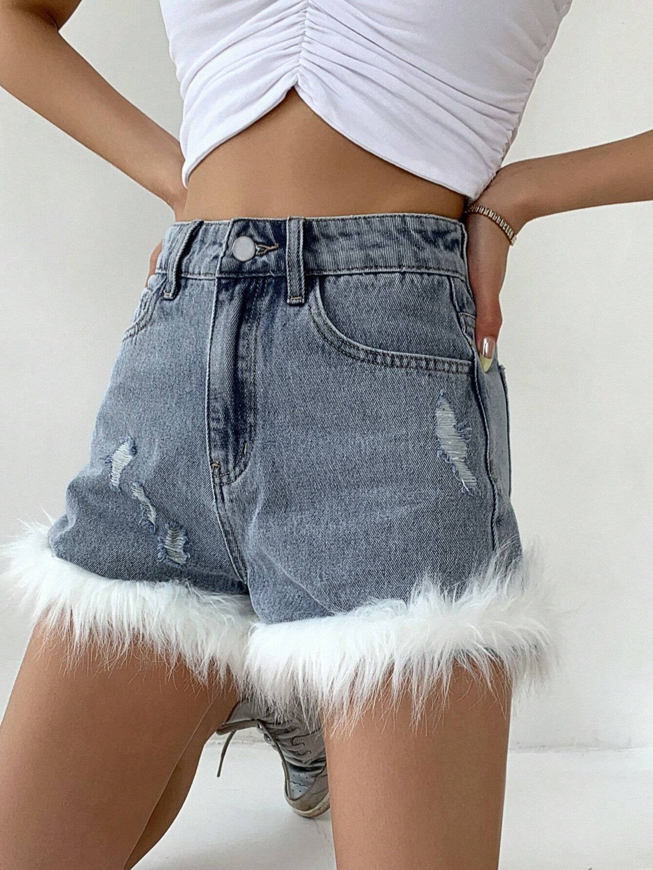 CM-BS741534 Women Casual Seoul Style High Waist Ripped Fuzzy Trim Denim Shorts
