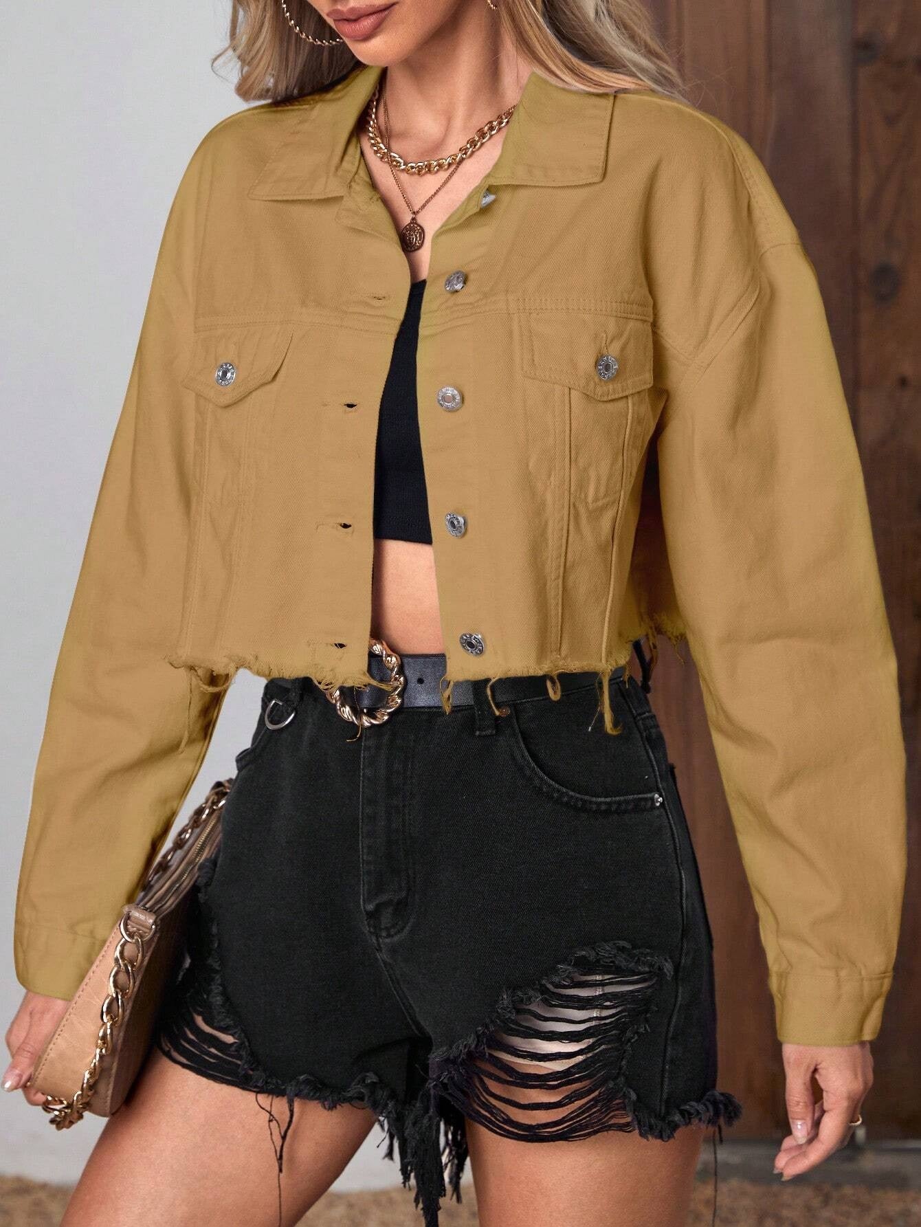 CM-CS779700 Women Casual Seoul Style Flap Pocket Raw Hem Denim Jacket - Brown