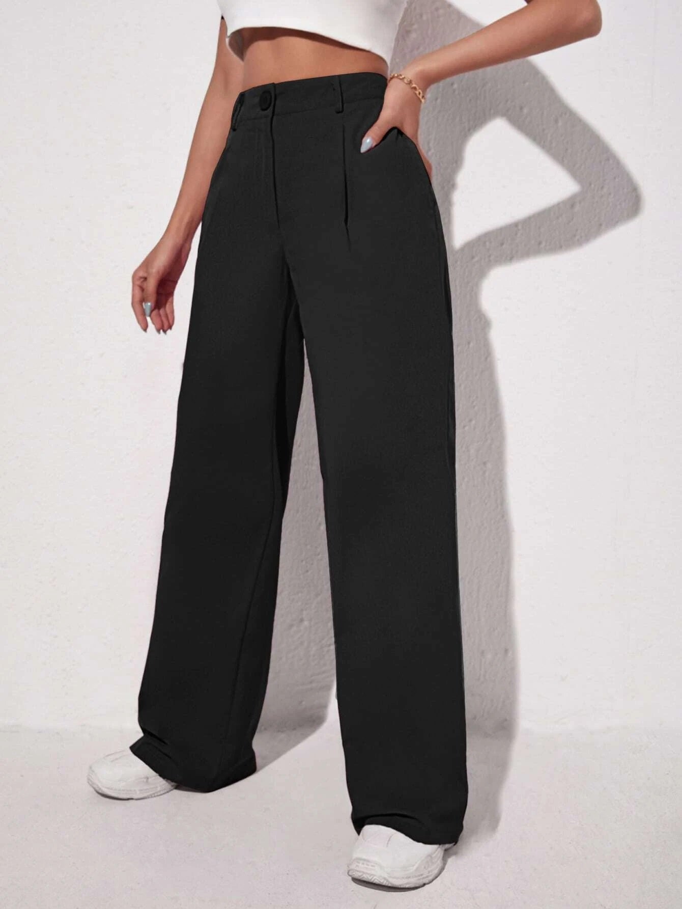 CM-BS232704 Women Elegant Seoul Style Solid Slant Pocket Wide Leg Pants - Black