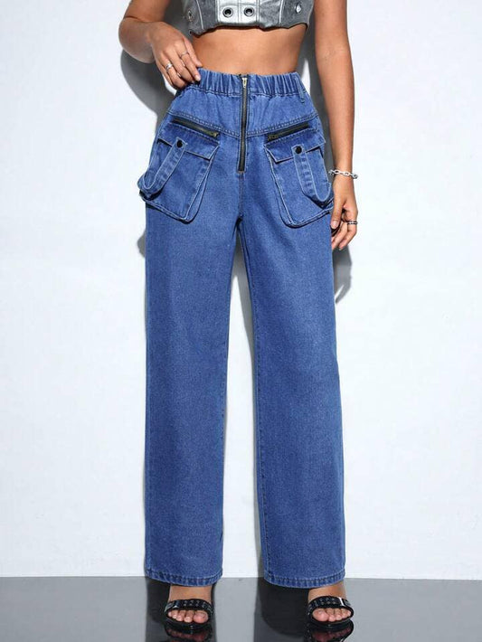 CM-BS422342 Women Casual Seoul Style Zipper-Fly Pocket Straight-Leg Jeans - Blue