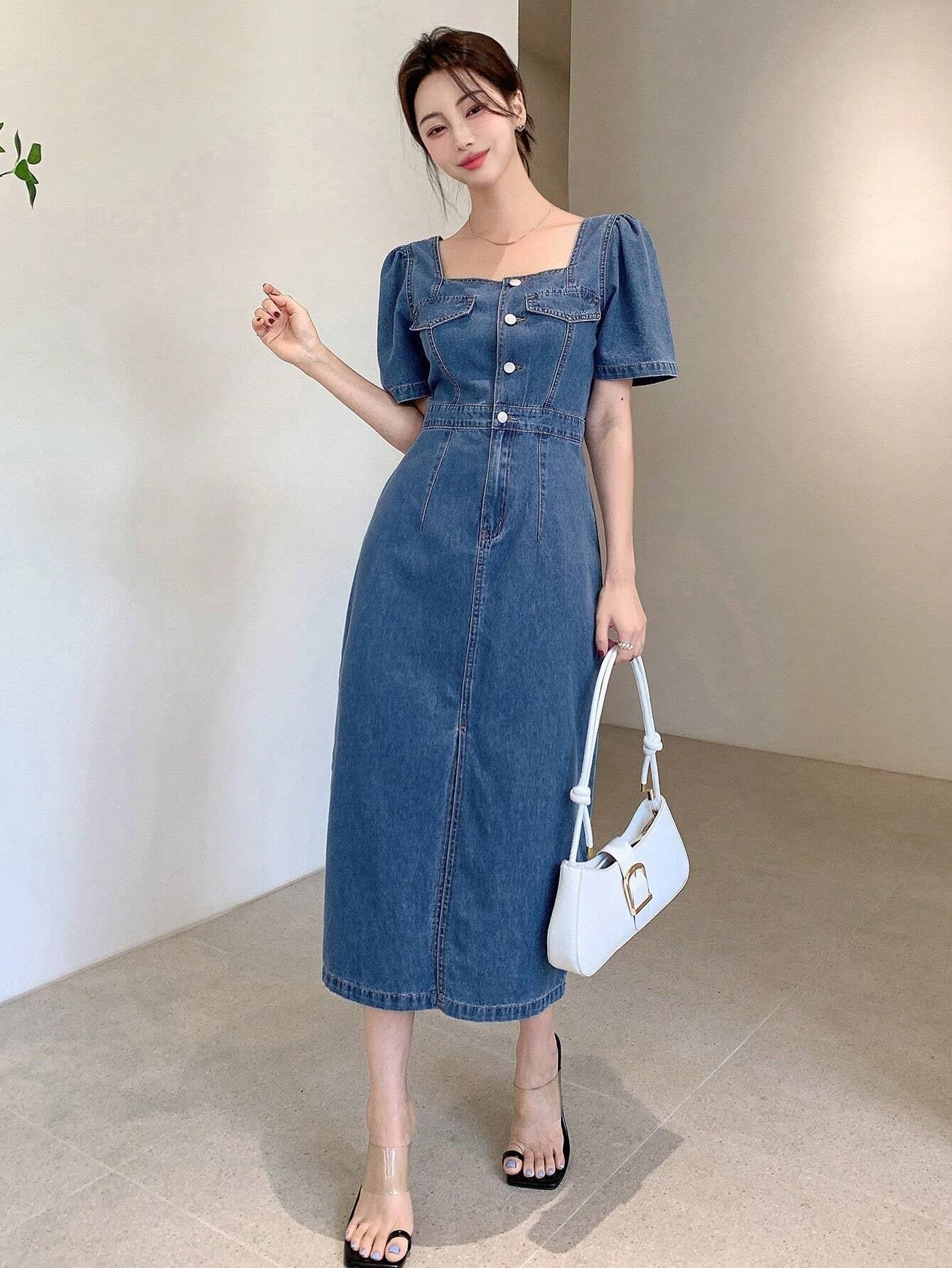 CM-DS907108 Women Casual Seoul Style Square Neck Button Front Split Thigh Denim Dress