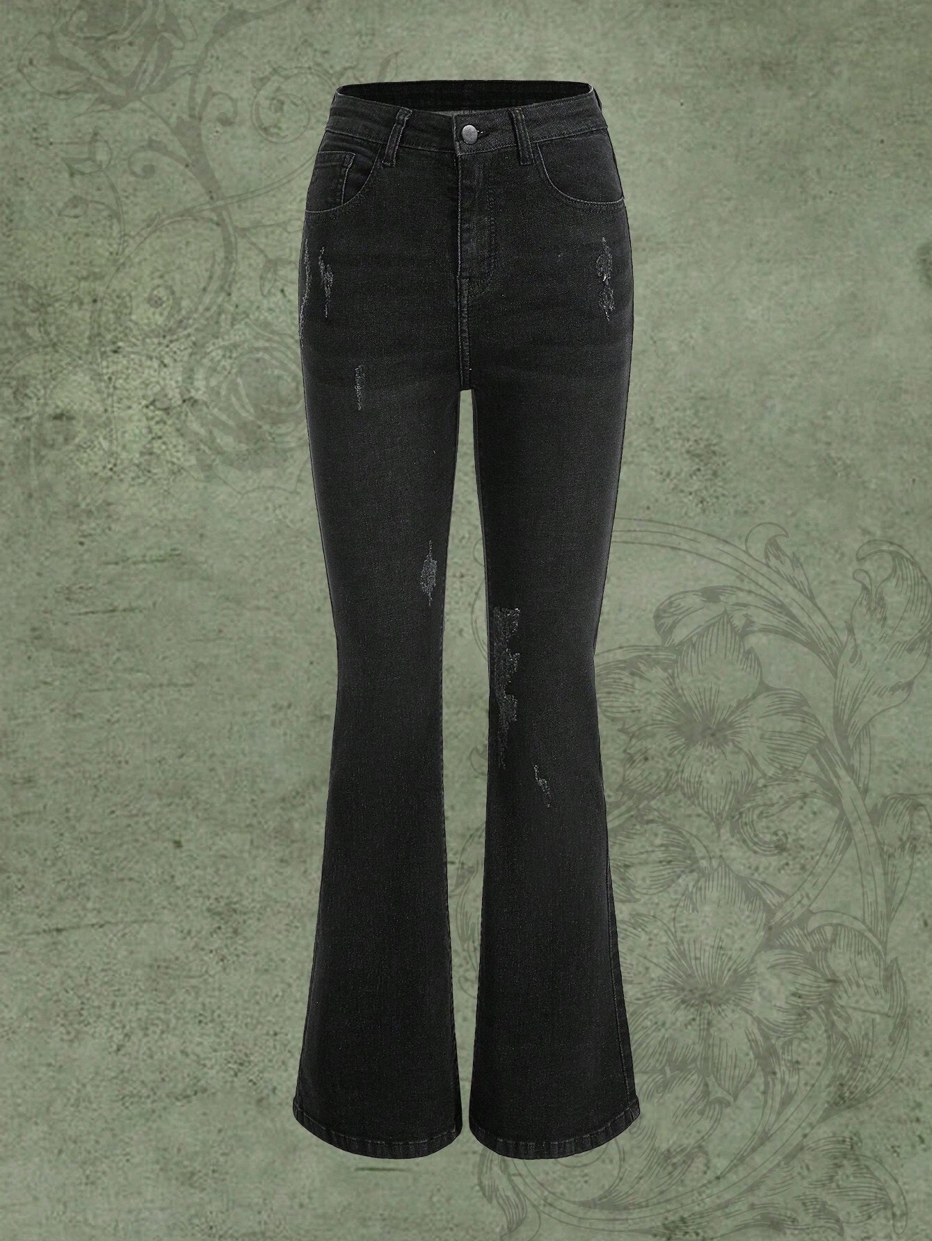 CM-BS221124 Women Preppy Seoul Style Sun And Moon Graphic Flare Leg Jeans - Dark Gray