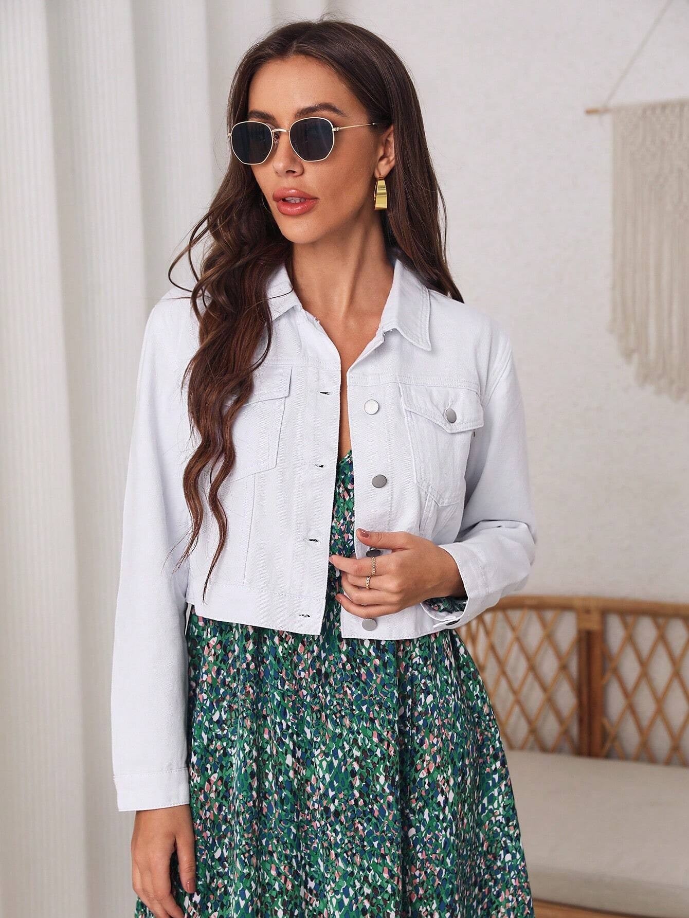 CM-CS204404 Women Casual Seoul Style Flap Pocket Crop Denim Jacket - White